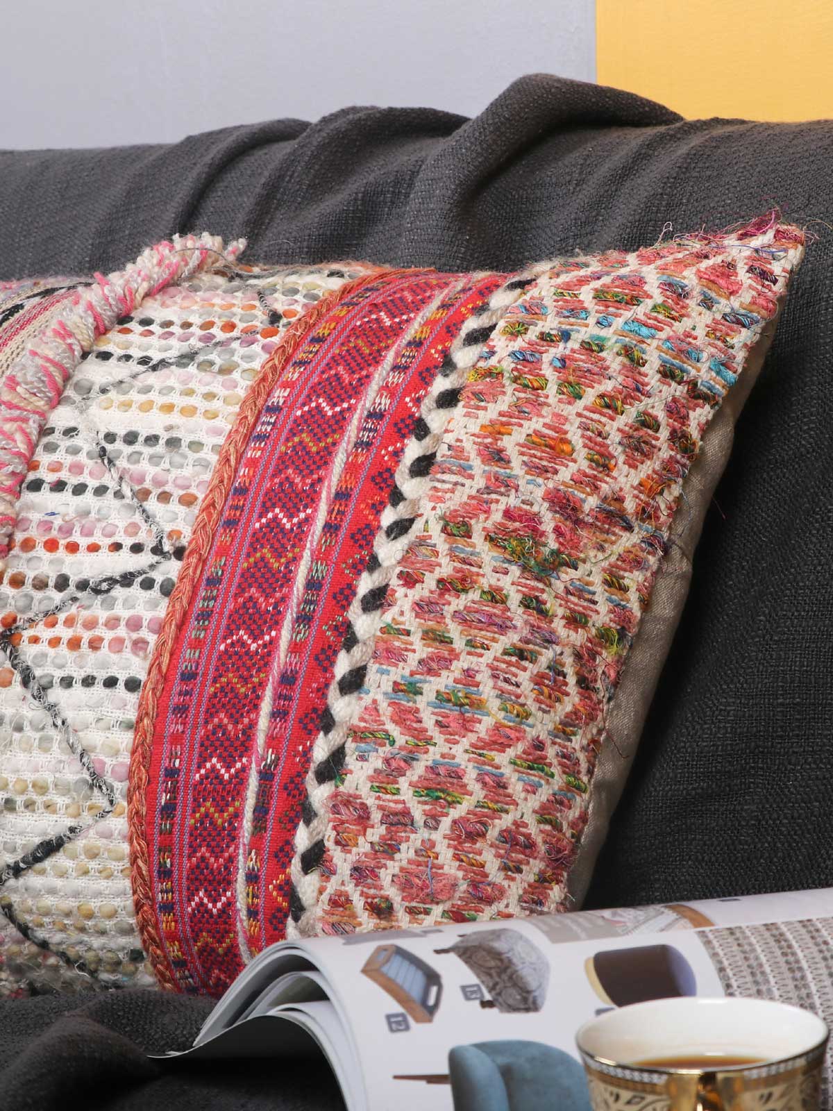 Tufted Woven Pillow Cover With Patchwork