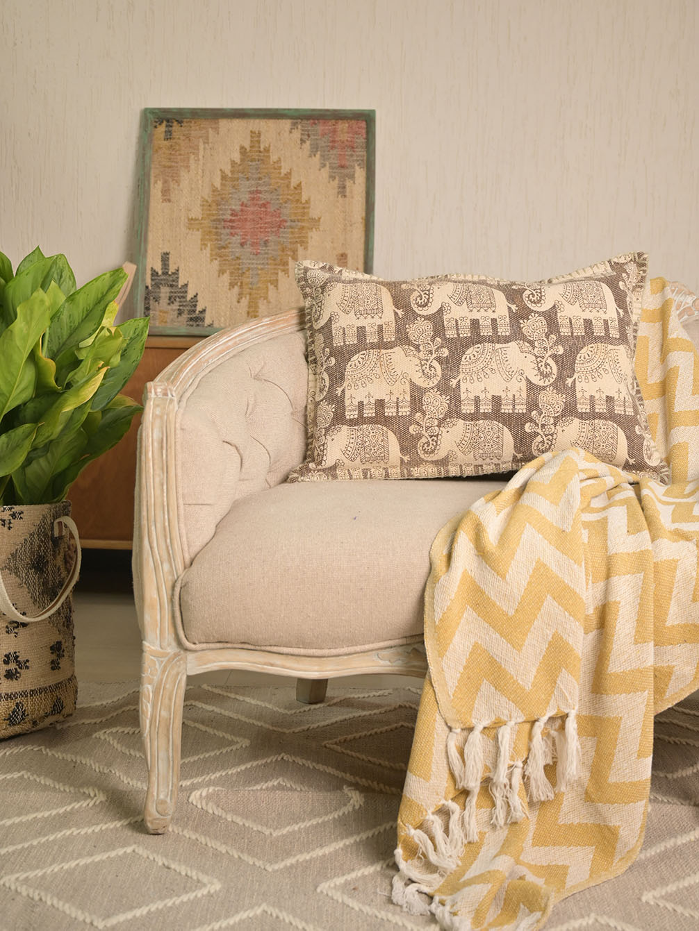 Elephant Indian Dhurrie Block Print Pillow Cover