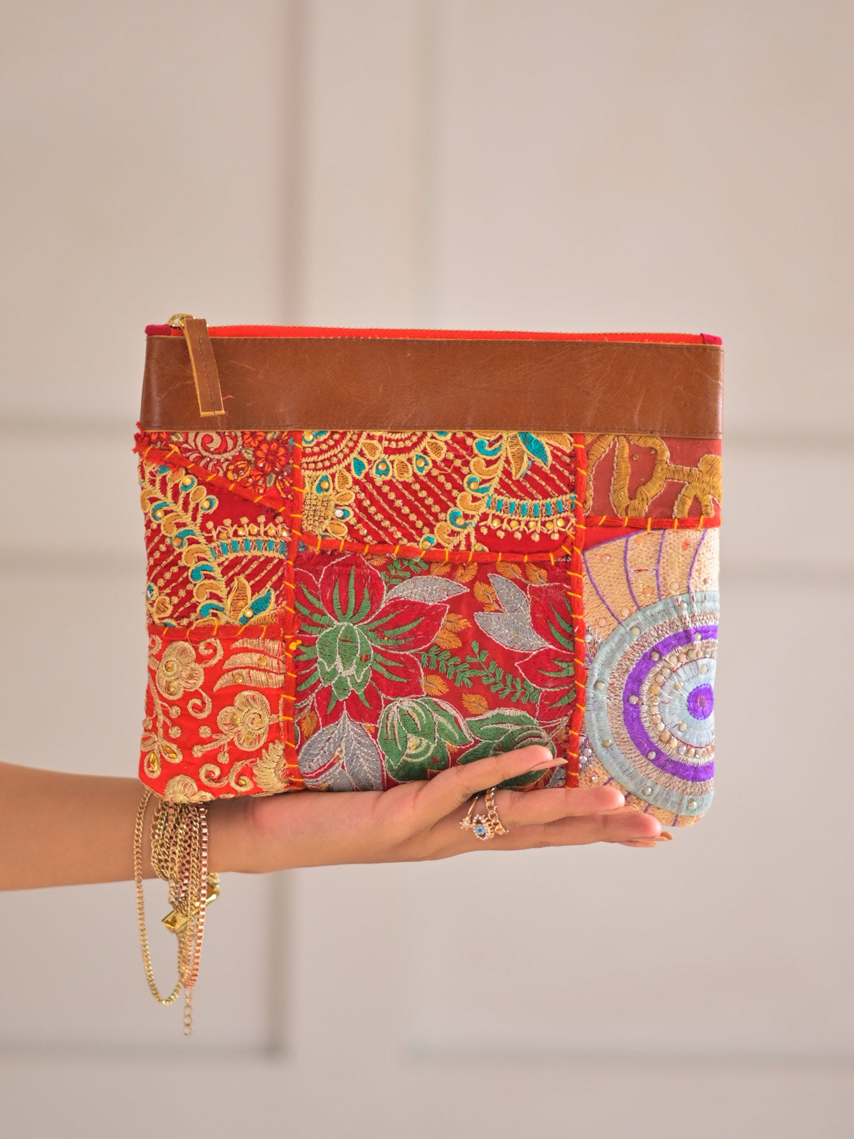 Red Old Sari Recycled Fabric Multi Utility Cosmetic Pouch