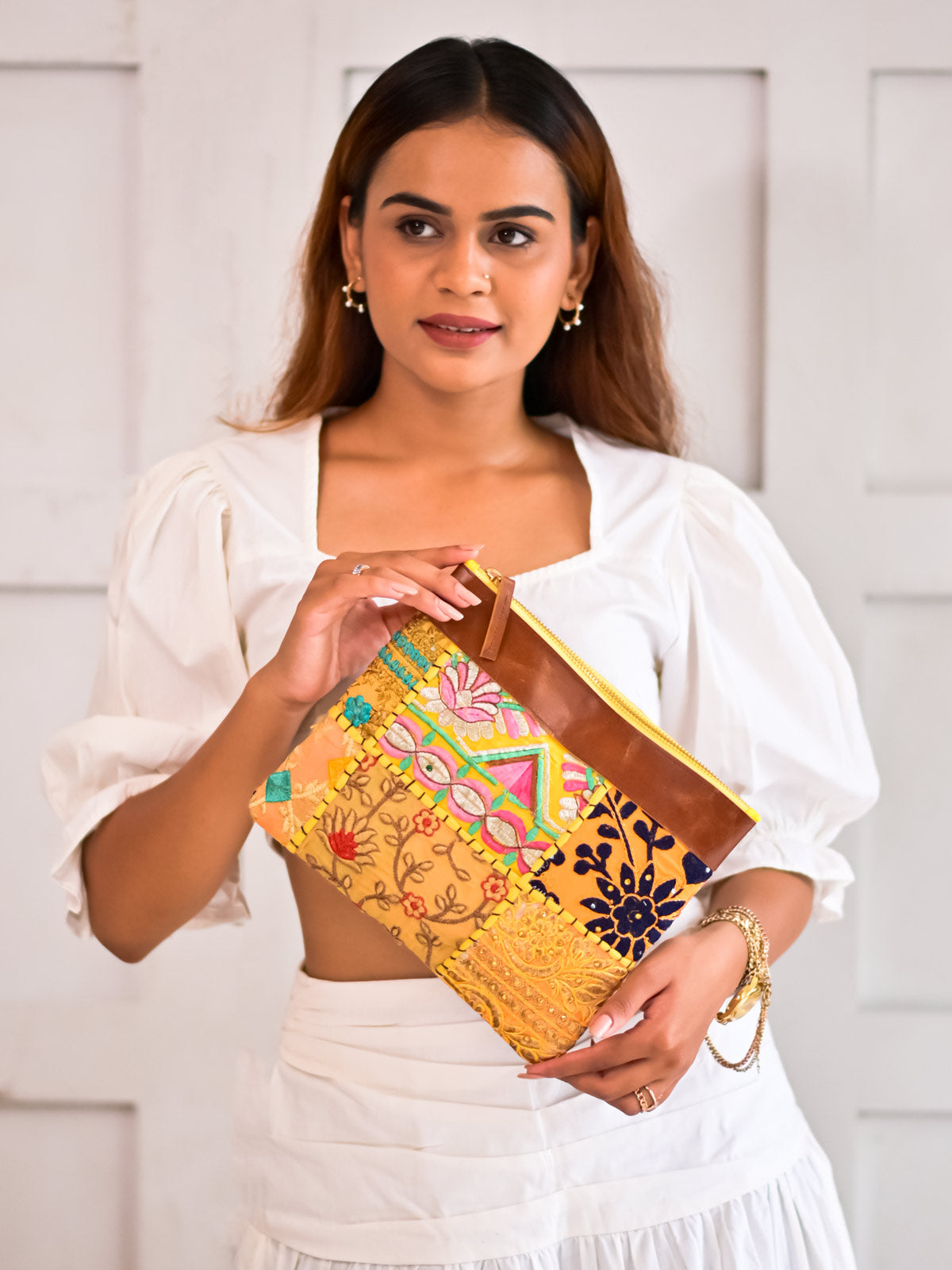 Yellow Old Sari Recycled Fabric Multi Utility Cosmetic Pouch