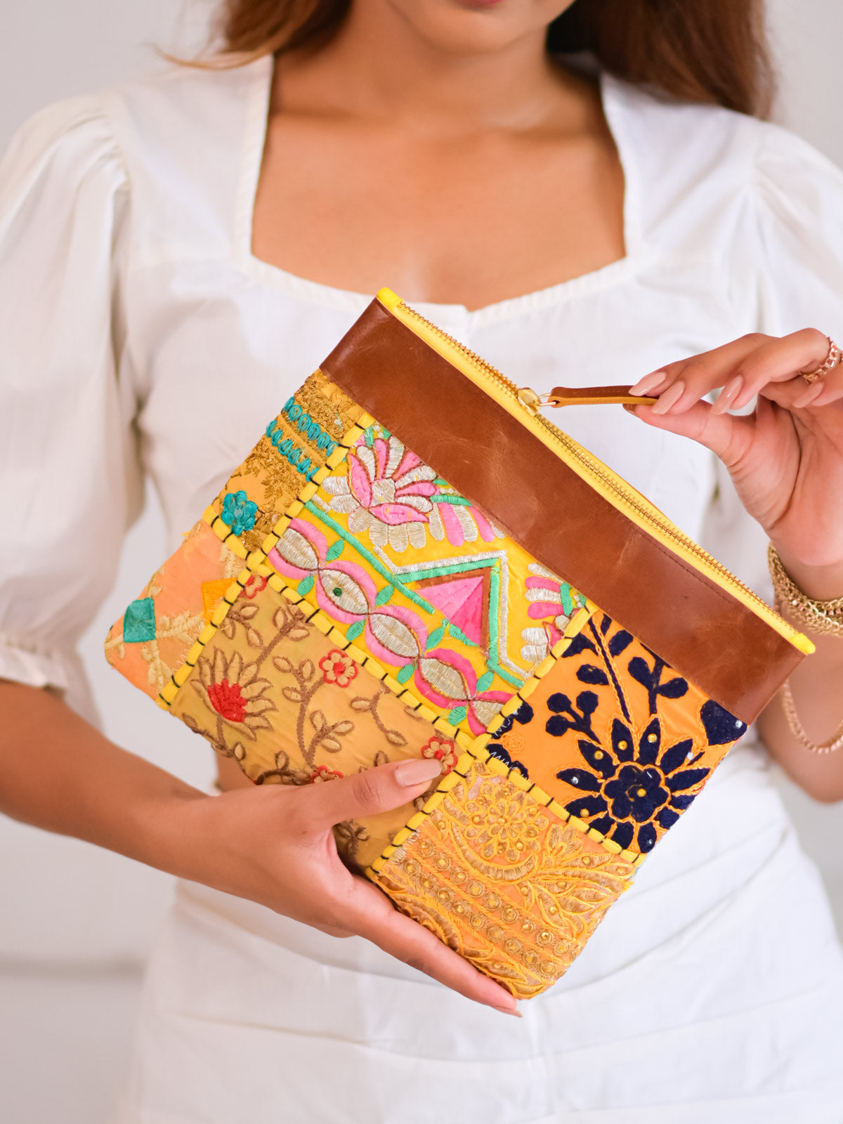 Yellow Old Sari Recycled Fabric Multi Utility Cosmetic Pouch