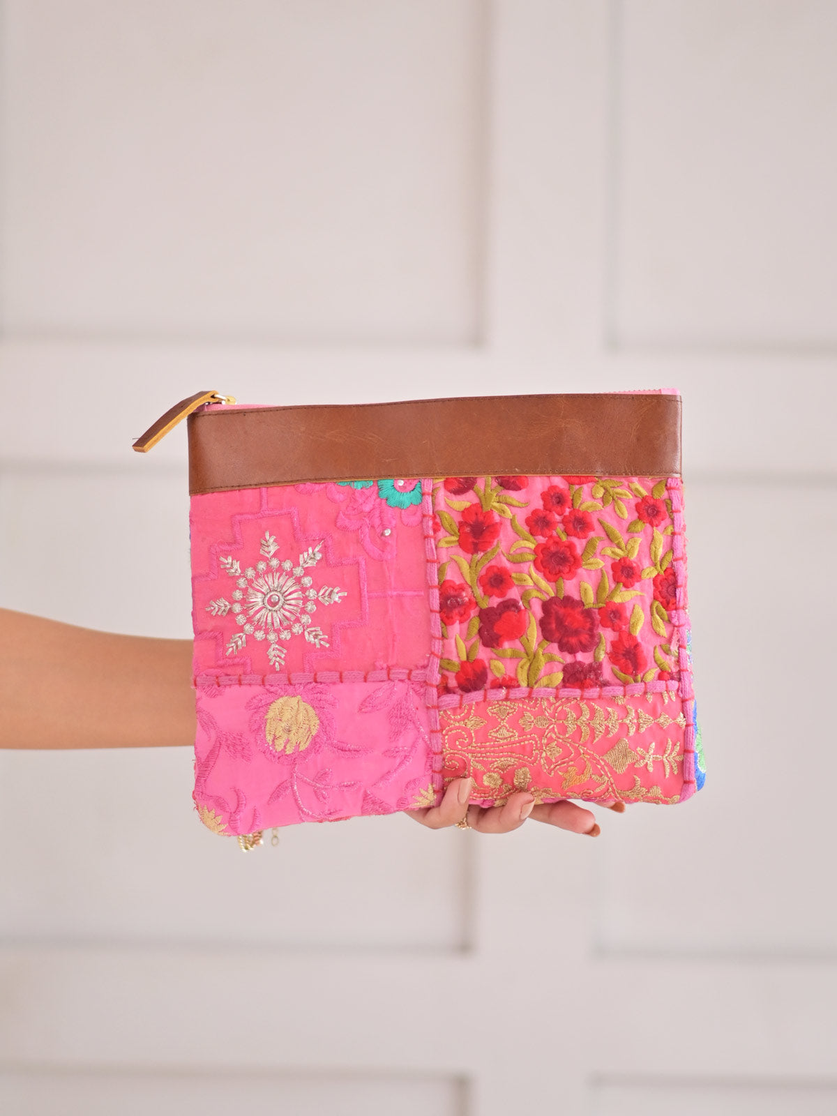 Pink Old Sari Recycled Fabric Multi Utility Cosmetic Pouch