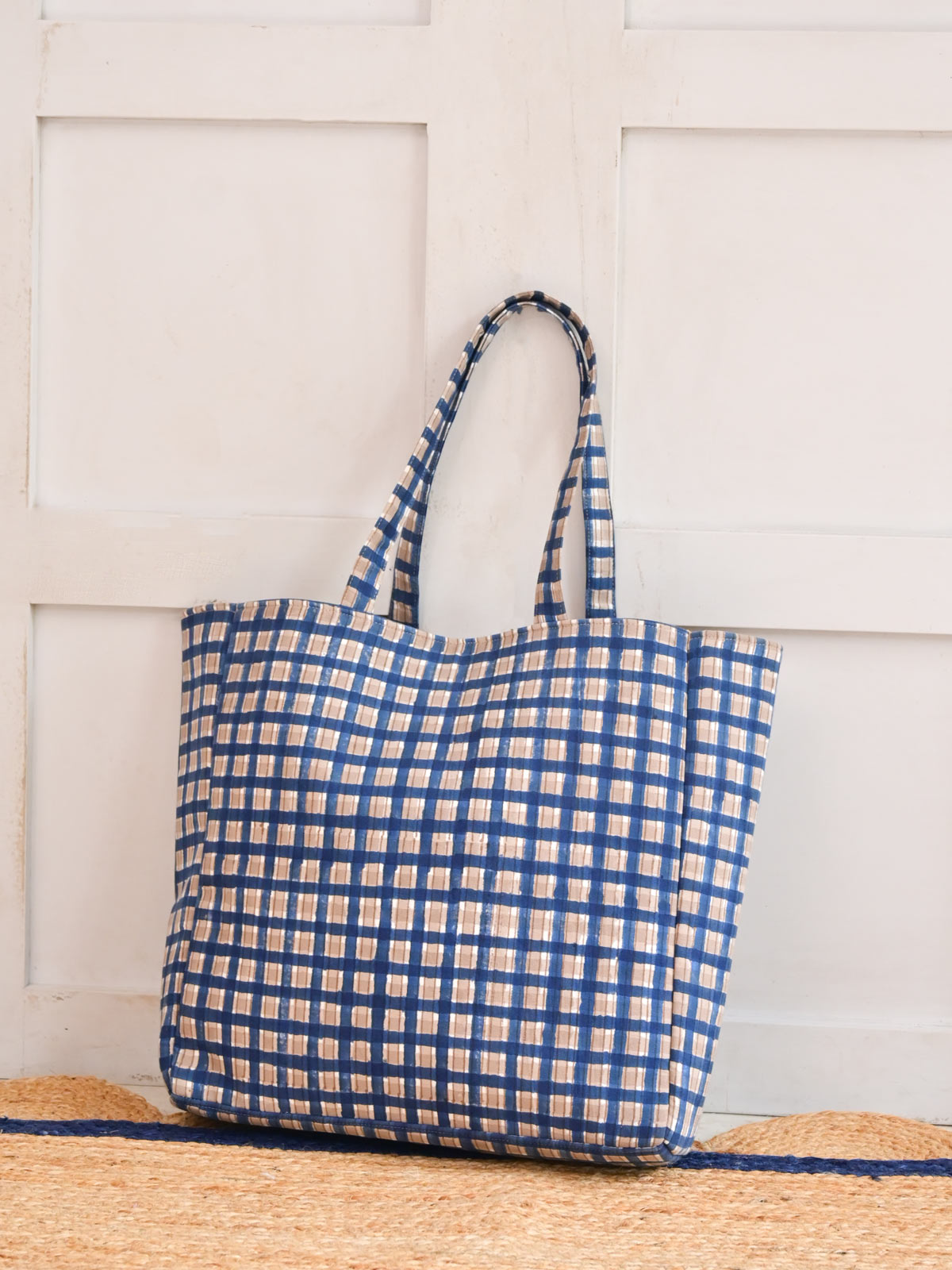 Plaid Check Block Printed Tote Bag