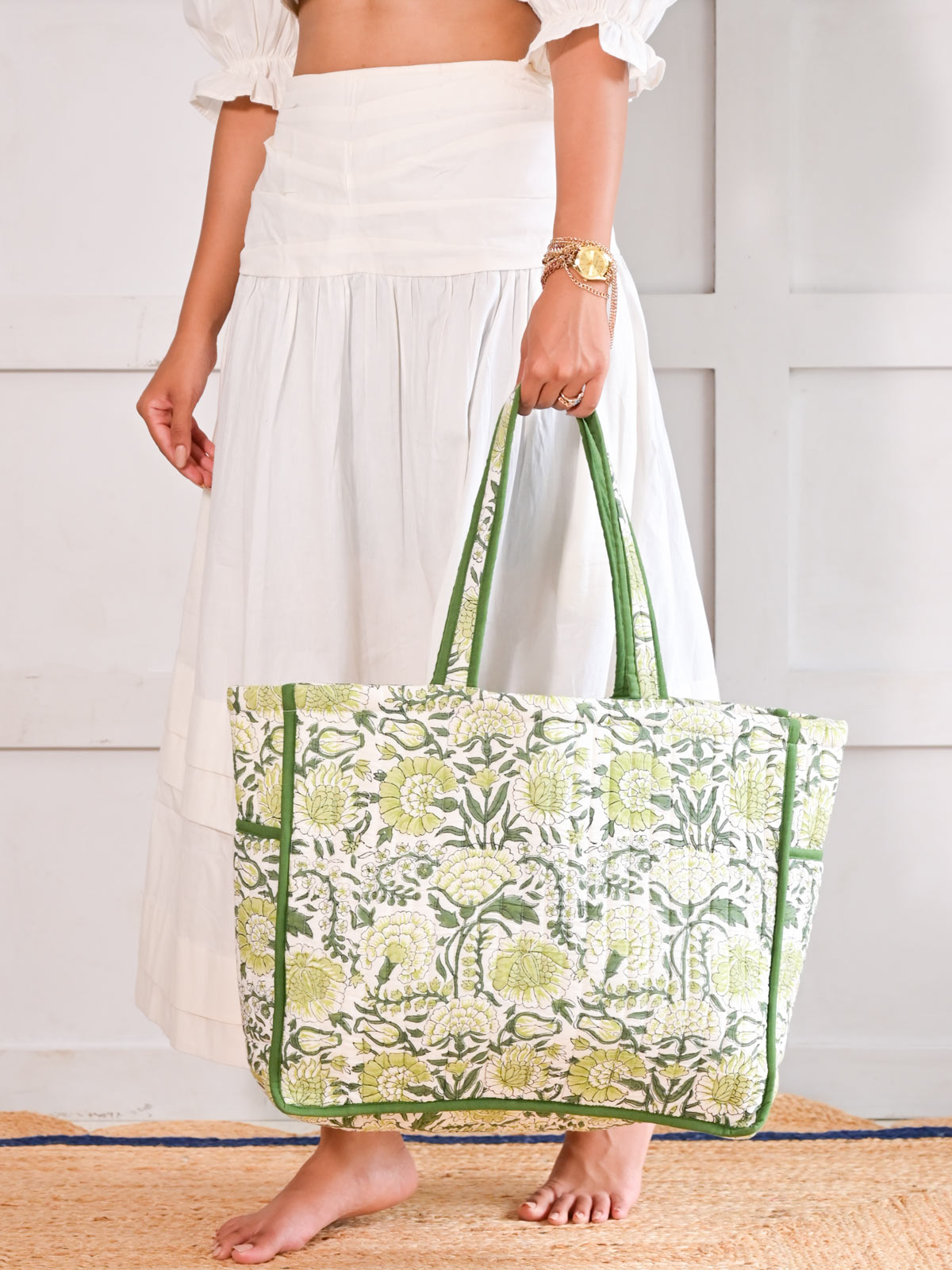 Floral Block Printed Padded Tote Bag