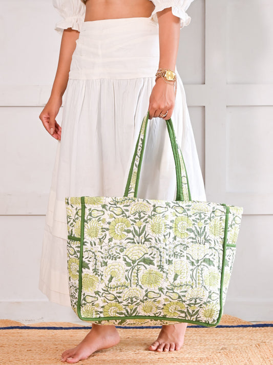 Floral Block Printed Padded Tote Bag