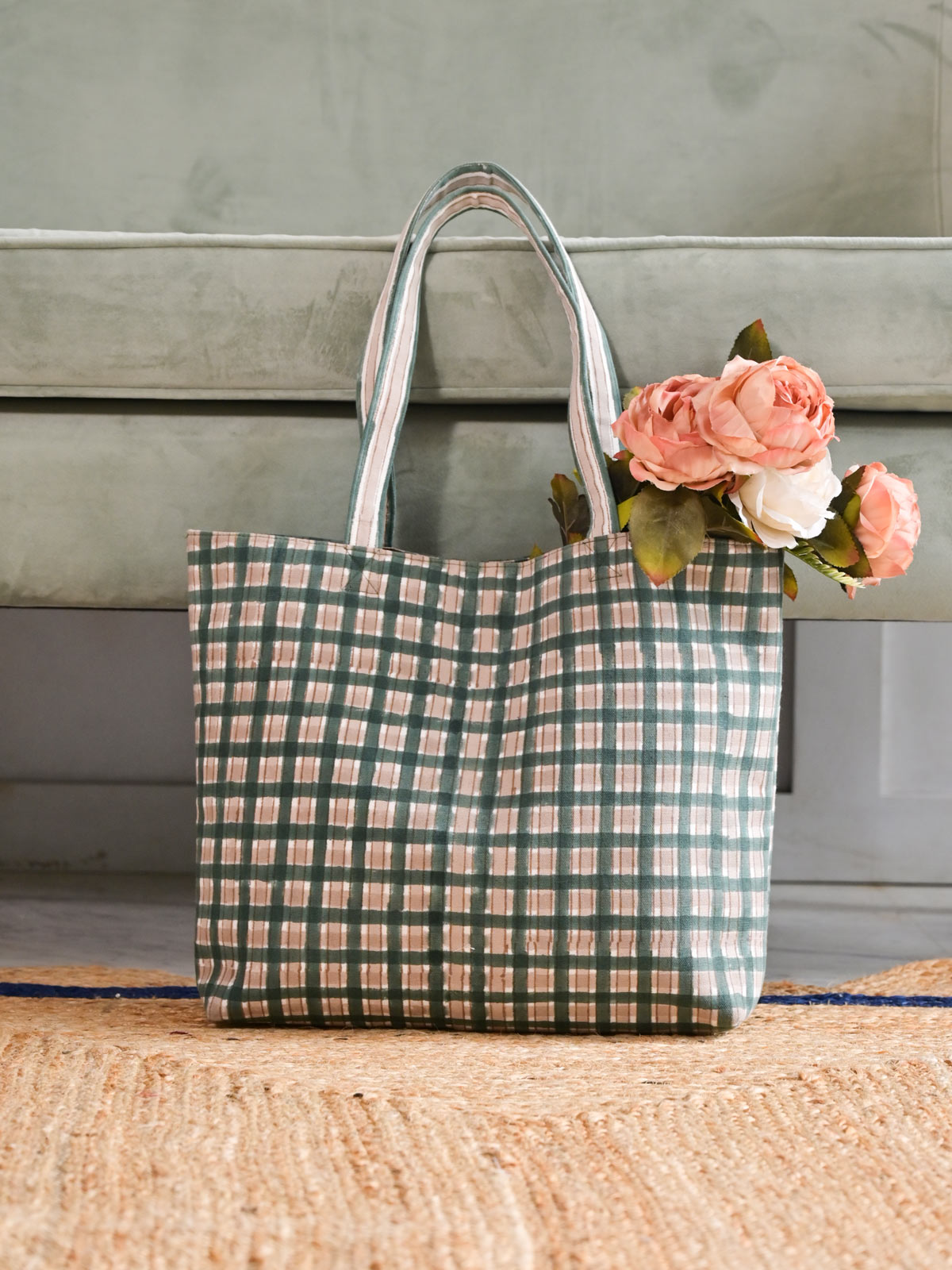 Plaid Check Block Printed Tote Bag