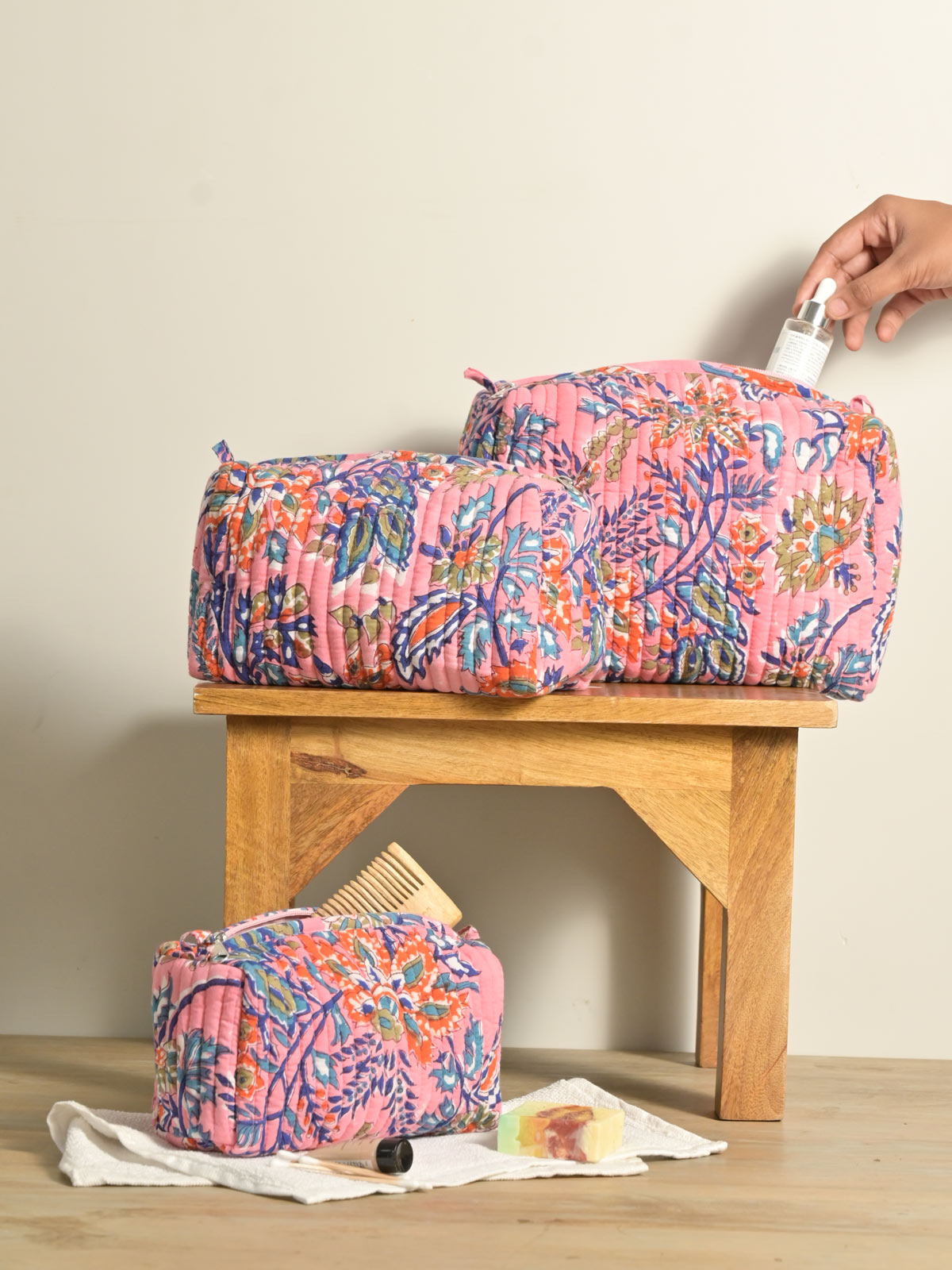 Pink Floral Padded Block Printed Cosmetic Pouch