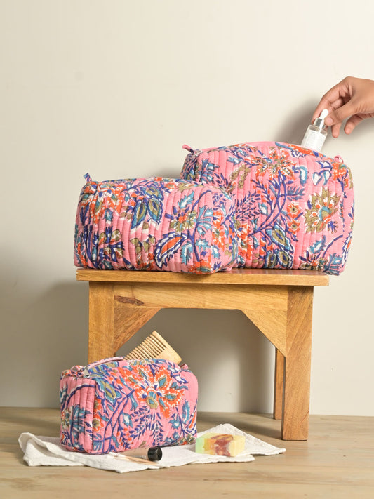 Pink Floral Padded Block Printed Cosmetic Pouch