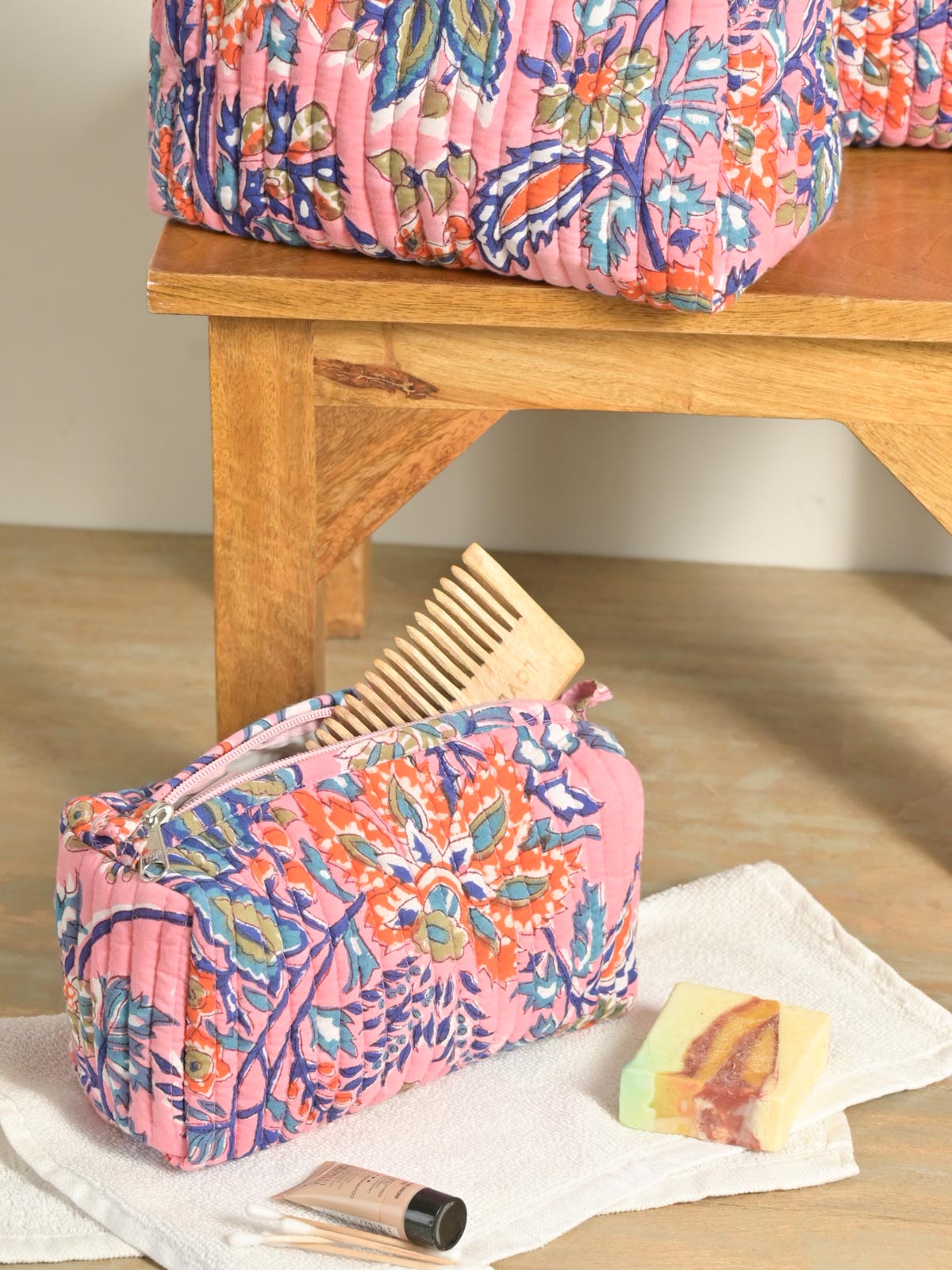 Pink Floral Padded Block Printed Cosmetic Pouch