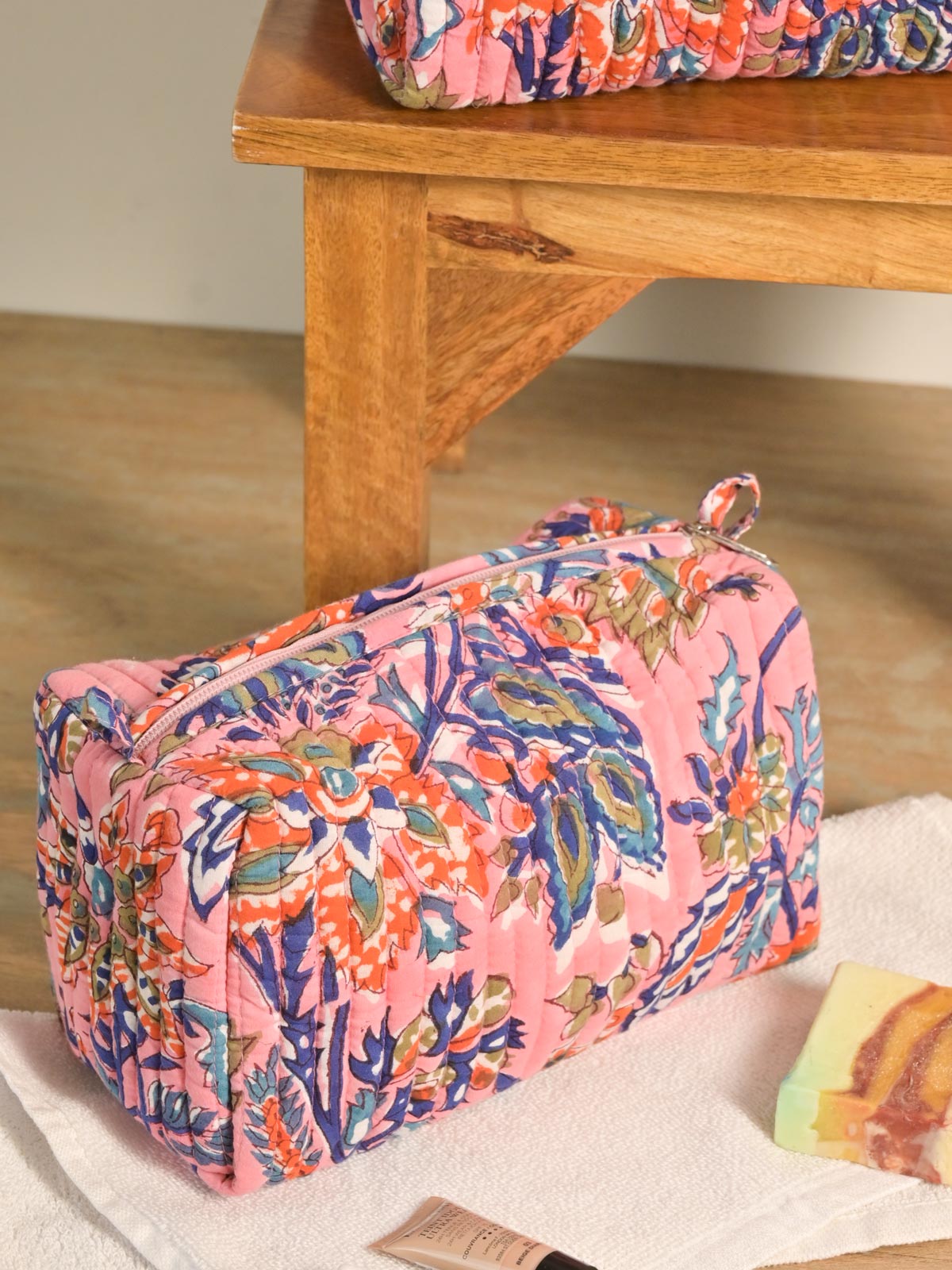 Pink Floral Padded Block Printed Cosmetic Pouch