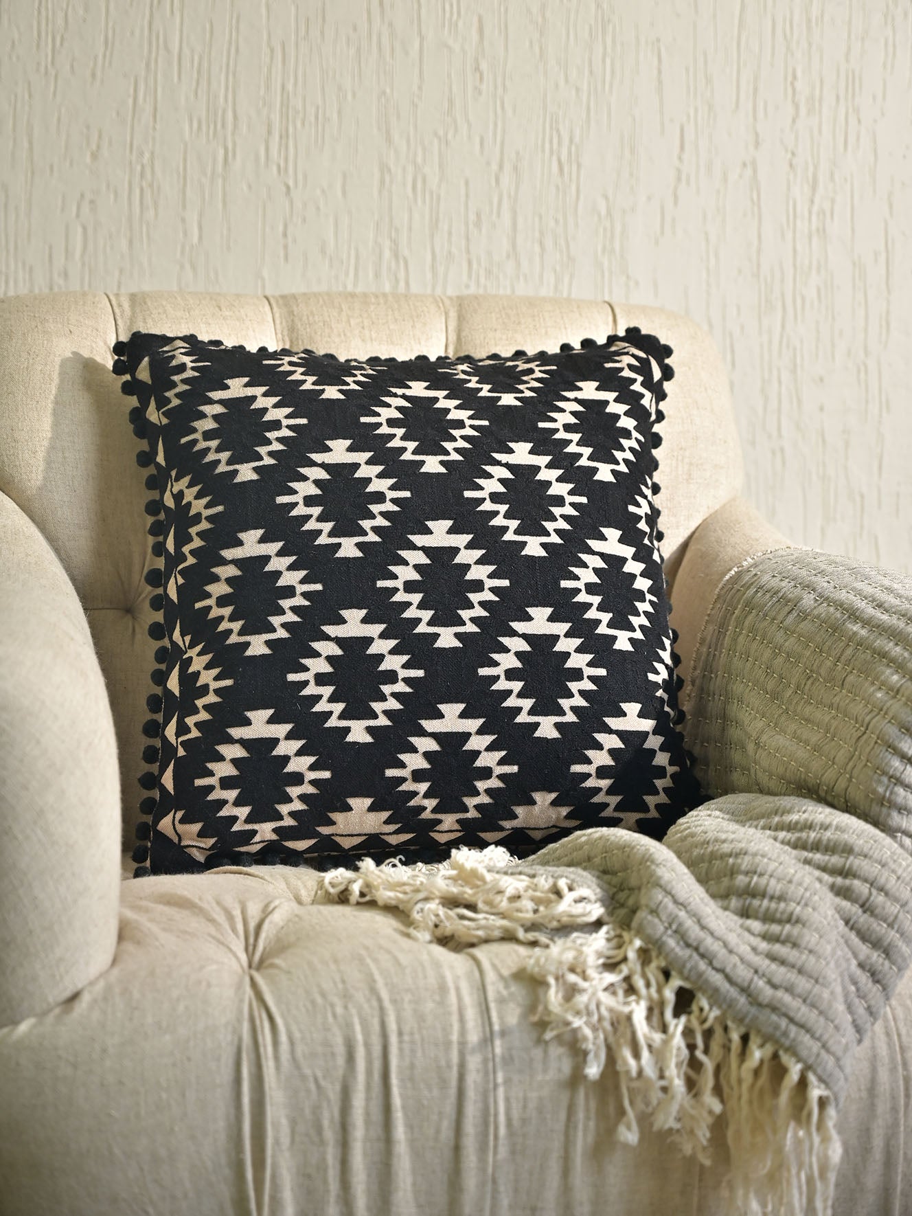 Geometric Ikat Black & White Aztec Cushion Cover Embroidered