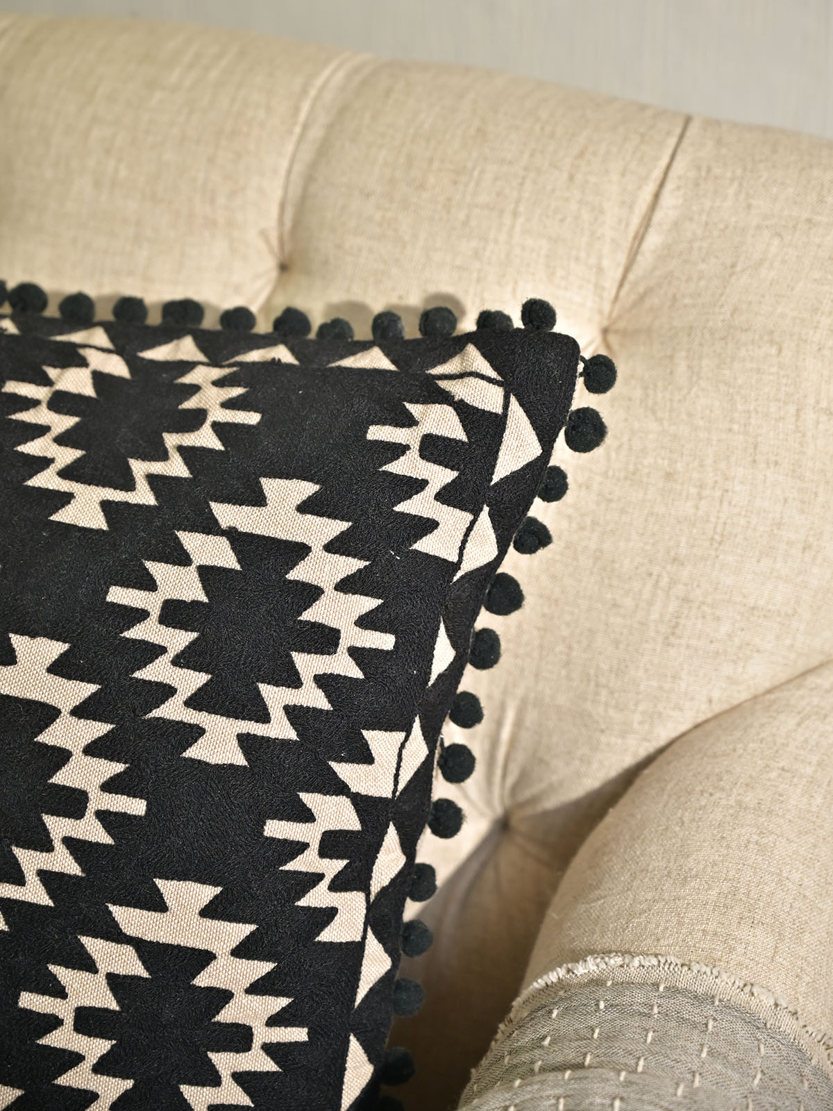 Geometric Ikat Black & White Aztec Cushion Cover Embroidered