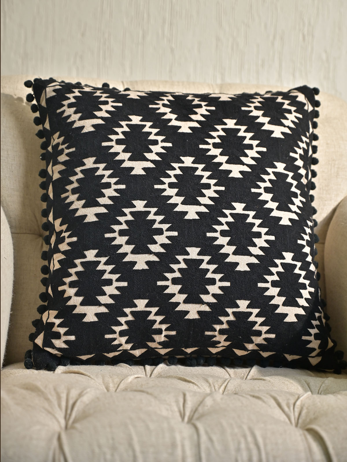 Geometric Ikat Black & White Aztec Cushion Cover Embroidered