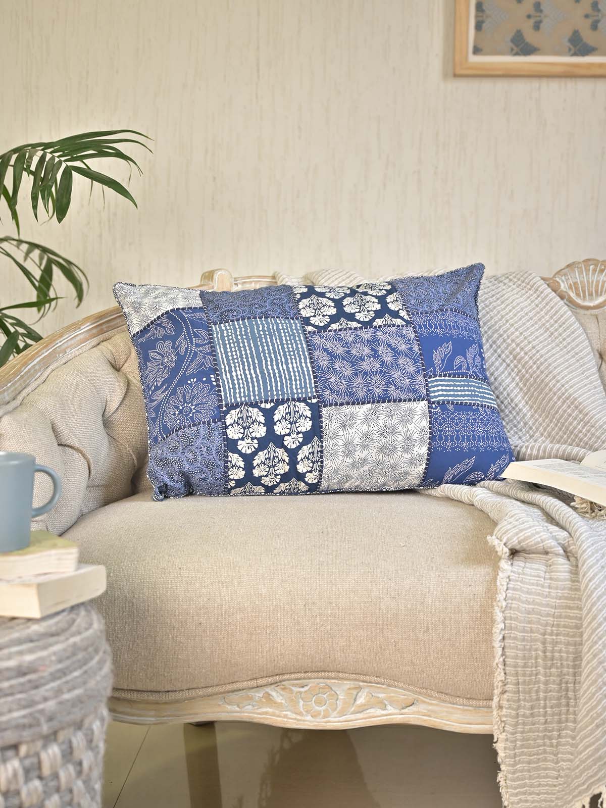 Denim Patchwork Floral Printed Pillow Cover