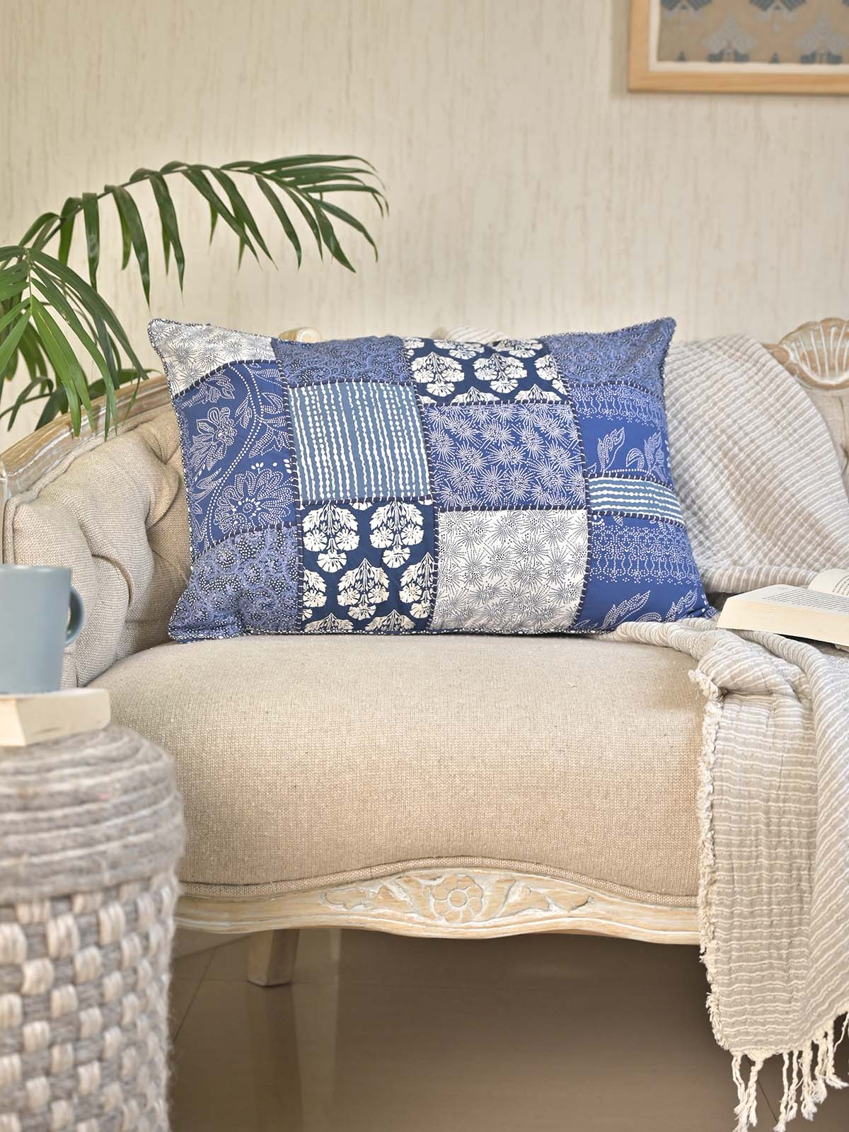 Denim Patchwork Floral Printed Pillow Cover