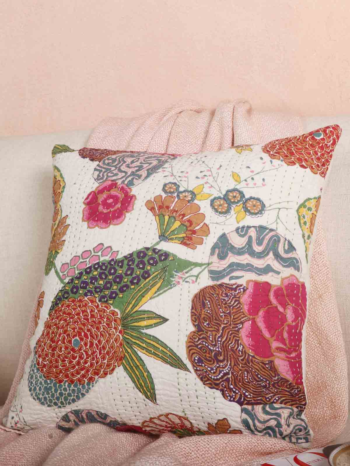 Kantha Handwork With Floral Print Cushion Cover