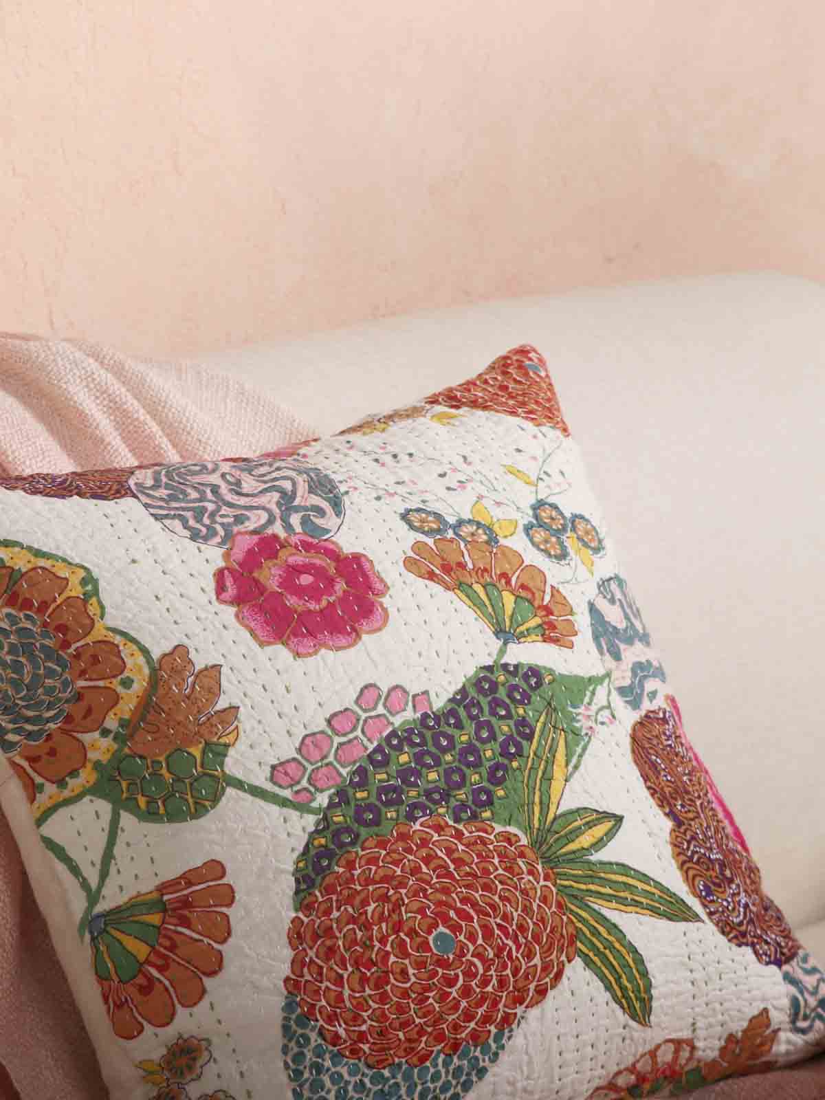 Kantha Handwork With Floral Print Cushion Cover