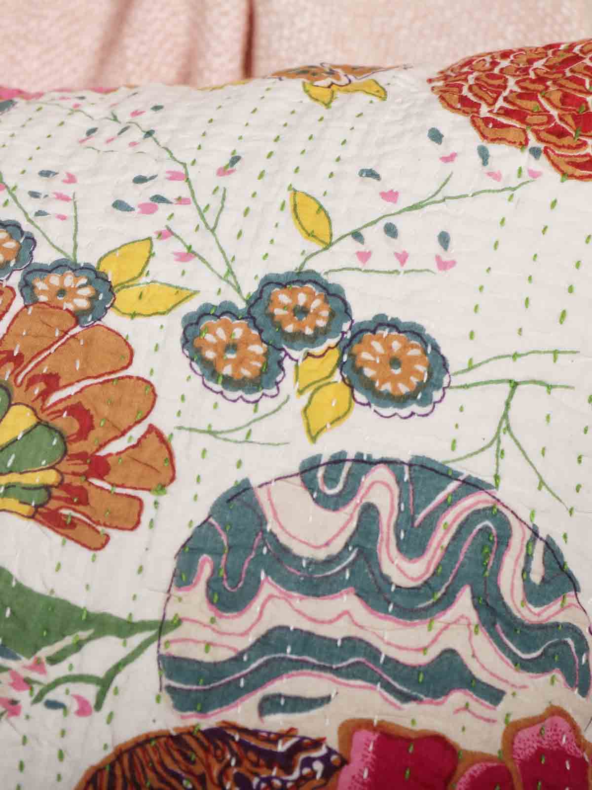 Kantha Handwork With Floral Print Cushion Cover