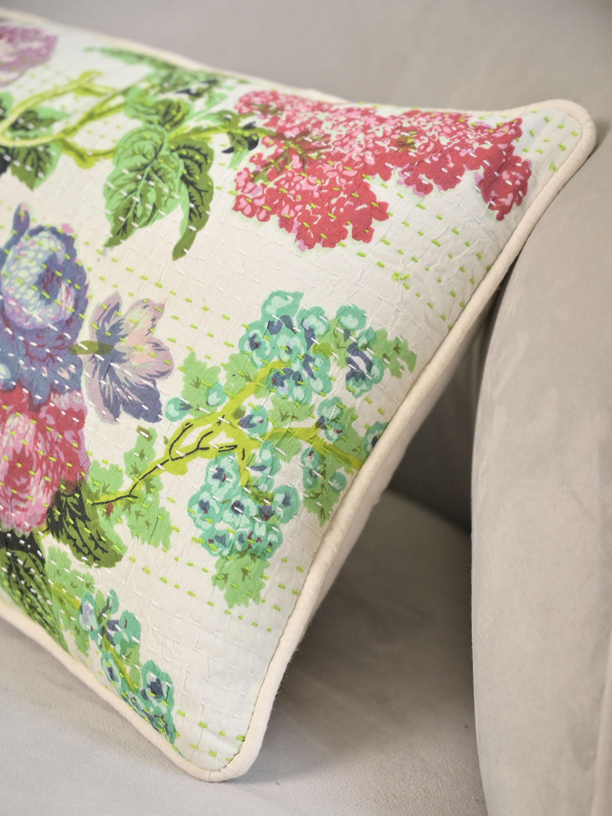 Handmade Floral Print Pillow Cover with Kantha