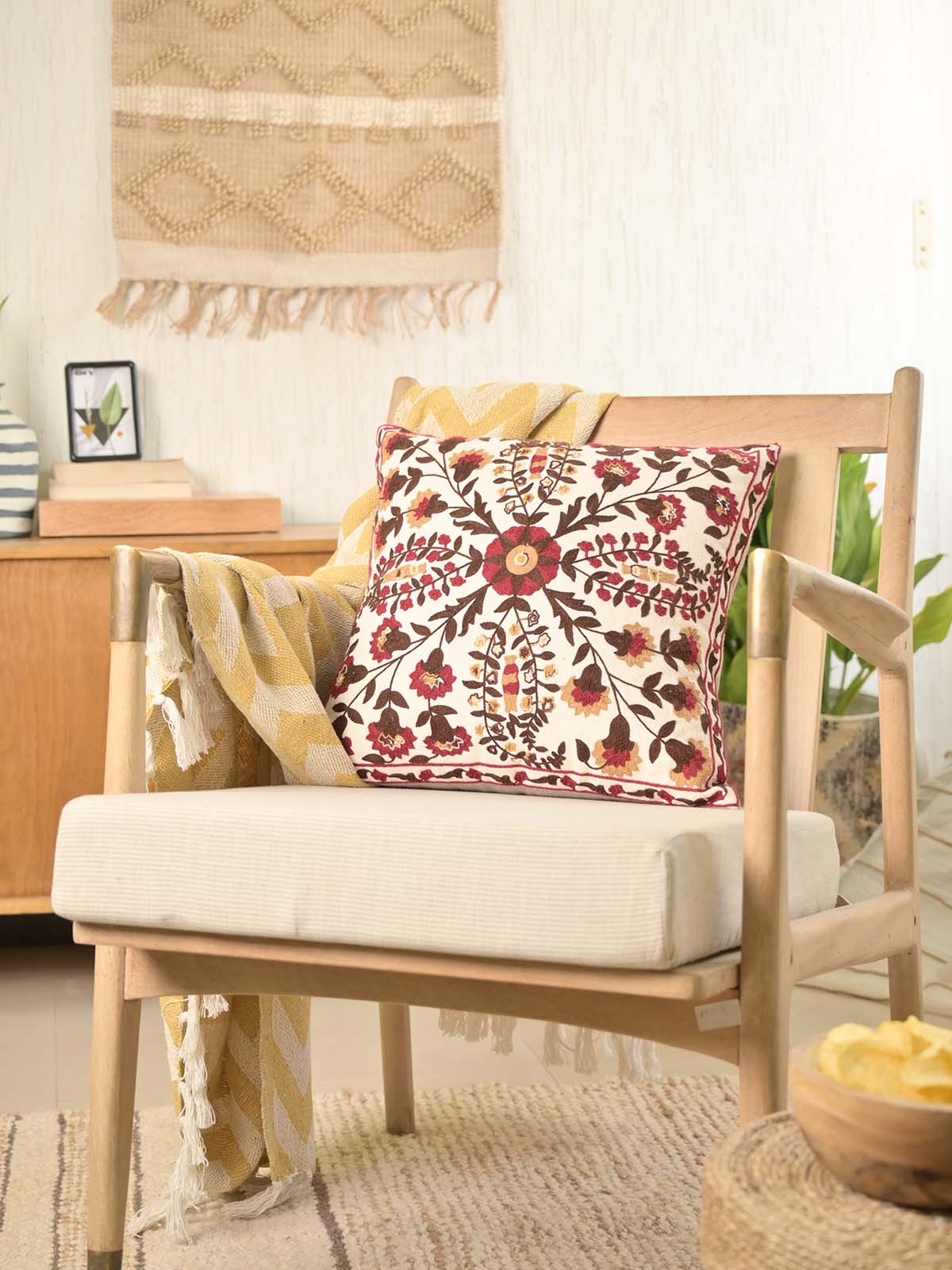 Natural Multi Floral Suzani Cotton Cushion Cover Embroidery