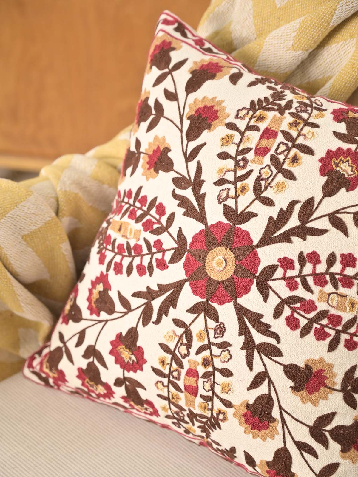 Natural Multi Floral Suzani Cotton Cushion Cover Embroidery