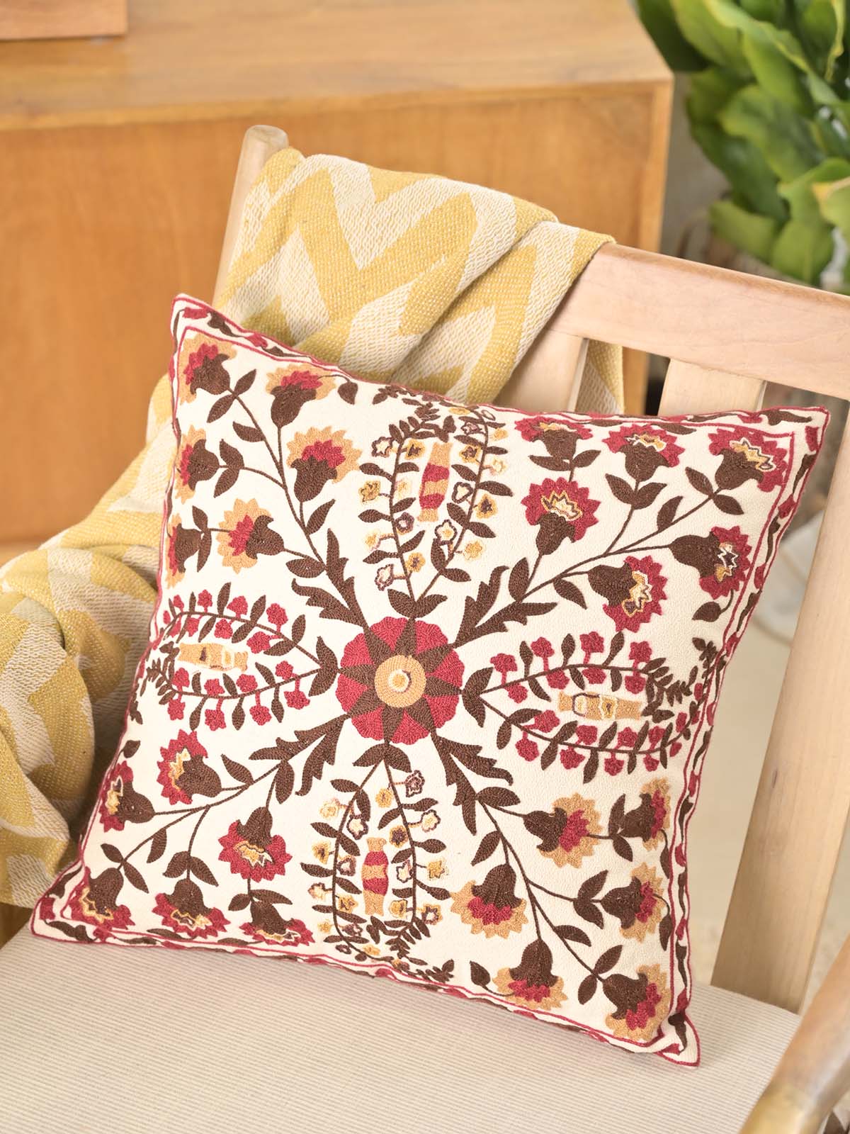 Natural Multi Floral Suzani Cotton Cushion Cover Embroidery