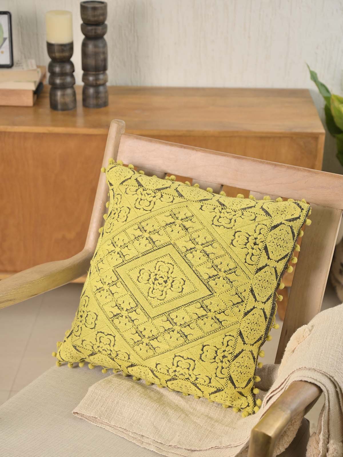 Yellow Swati Embroidered Phulkari Cushion Cover 18x18 Inc