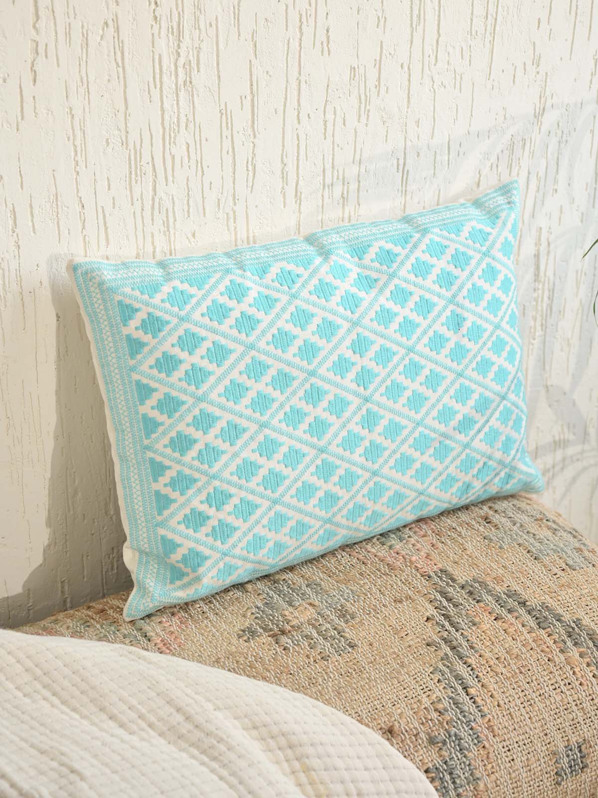 Timbuktu Diamond Embroidered Pillow Cover - Aqua