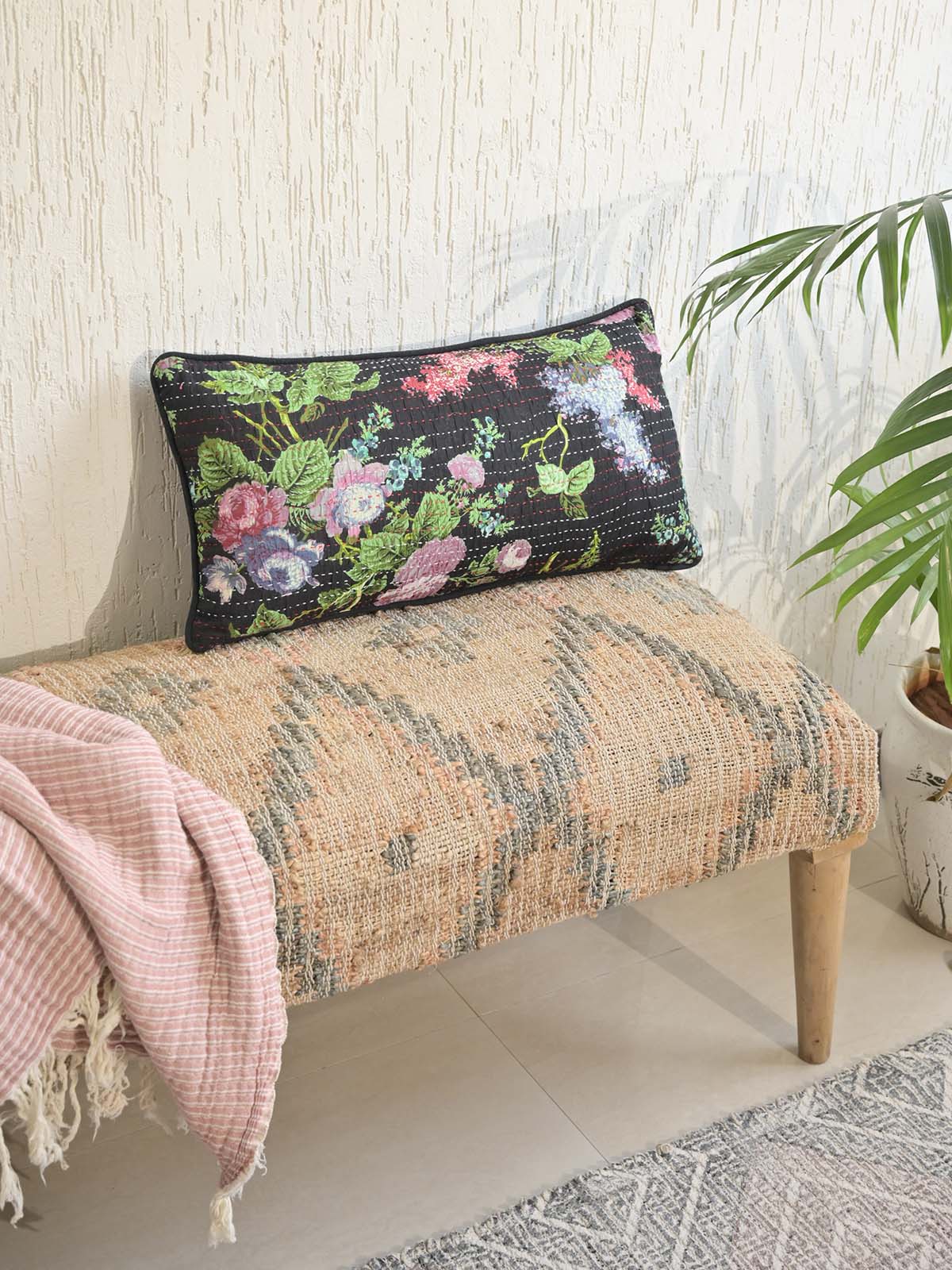 Wild Flower Black Pillow Cover with Kantha + Printed