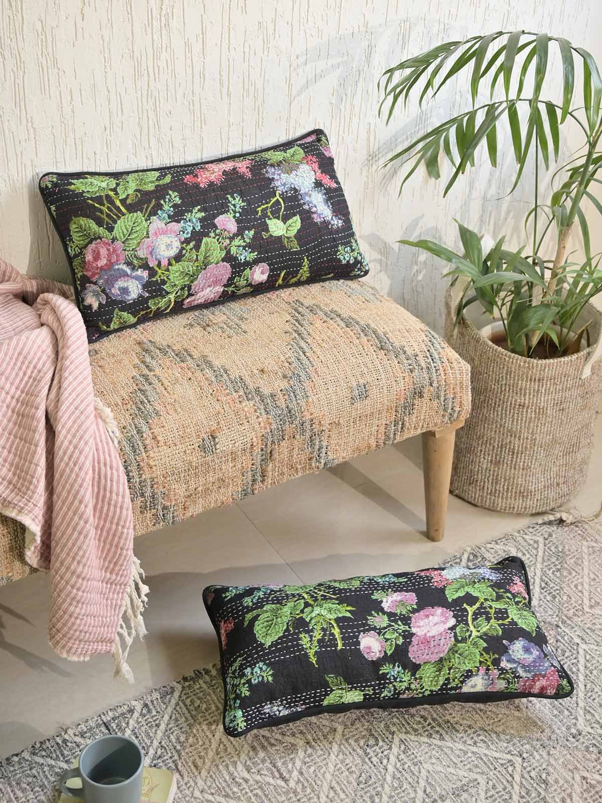 Wild Flower Black Pillow Cover with Kantha + Printed