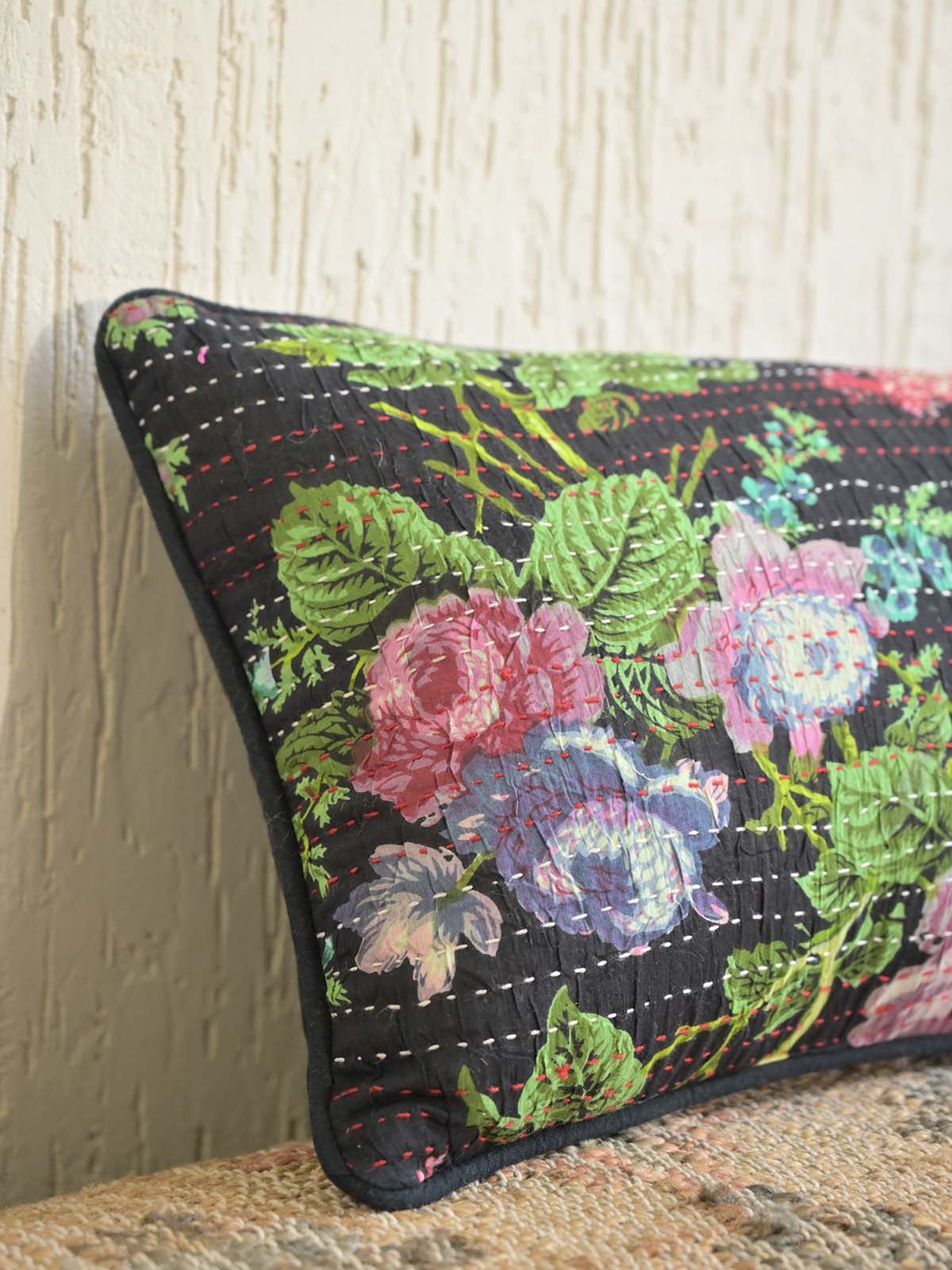 Wild Flower Black Pillow Cover with Kantha + Printed