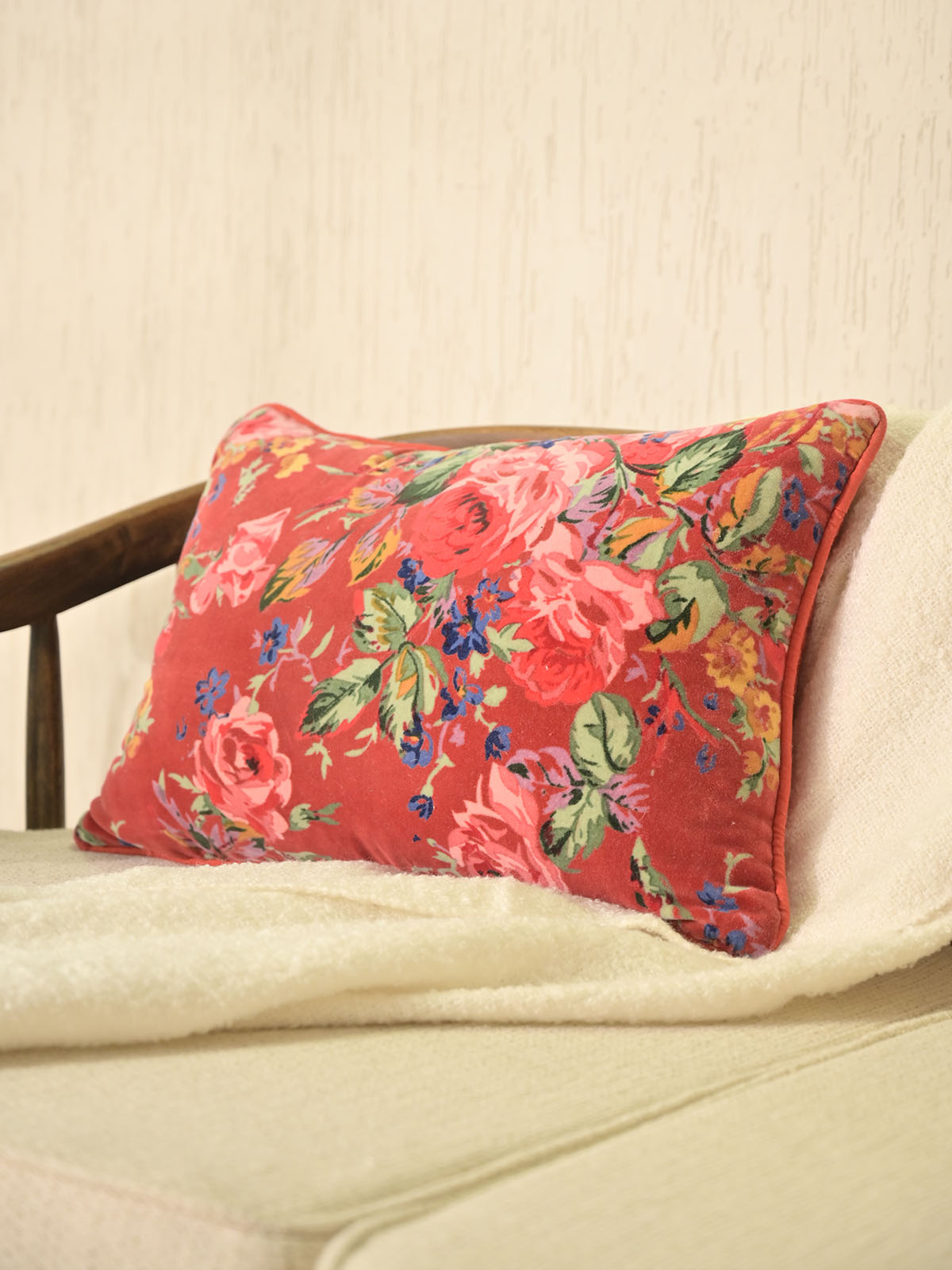 Floral Print Velvet Pillow Cover - Orange