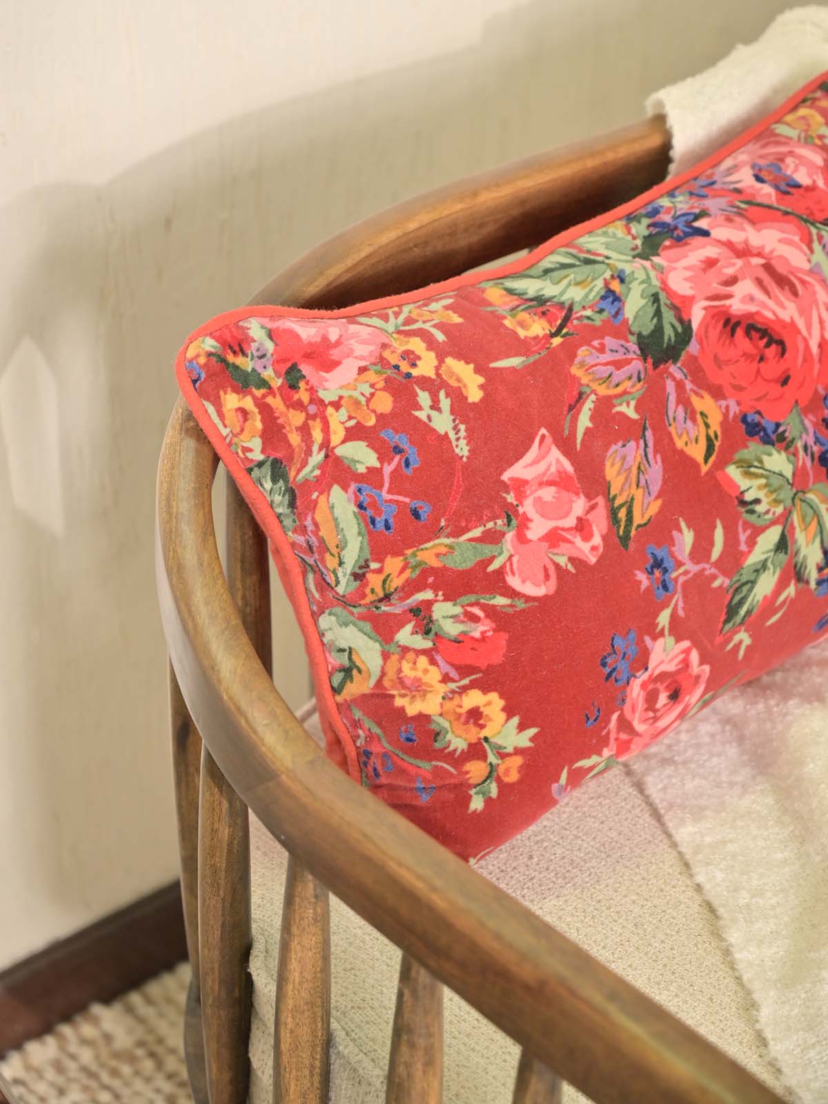 Floral Print Velvet Pillow Cover - Orange