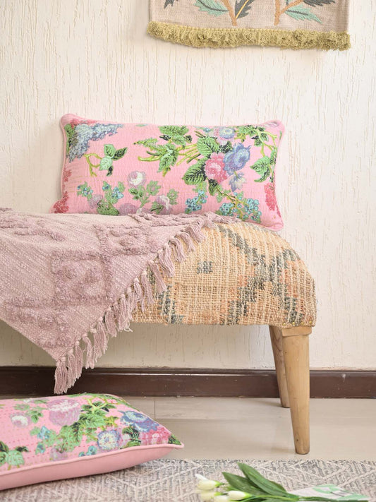 Wild Flower Pink Pillow Cover with Kantha + Printed