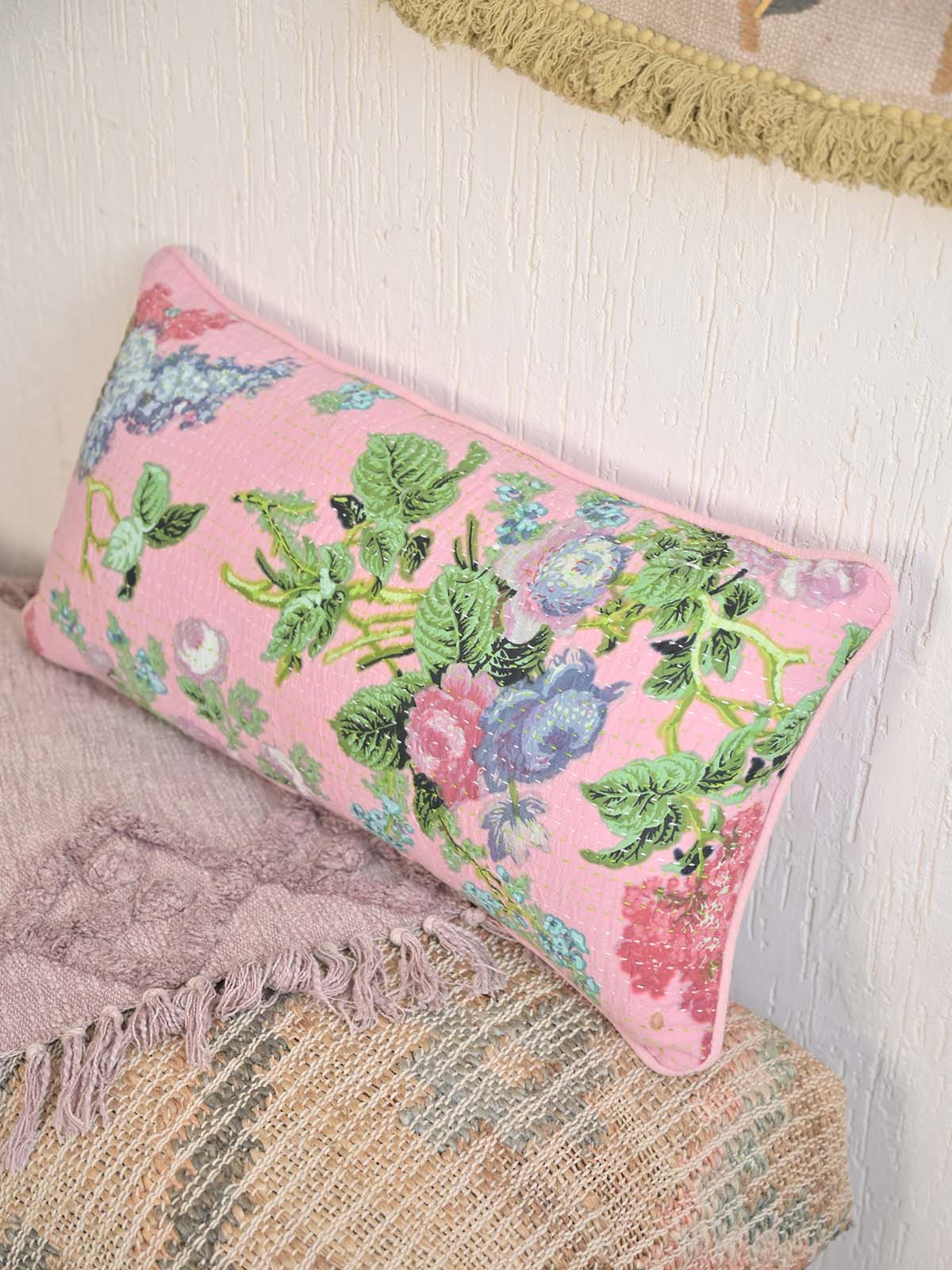 Wild Flower Pink Pillow Cover with Kantha + Printed