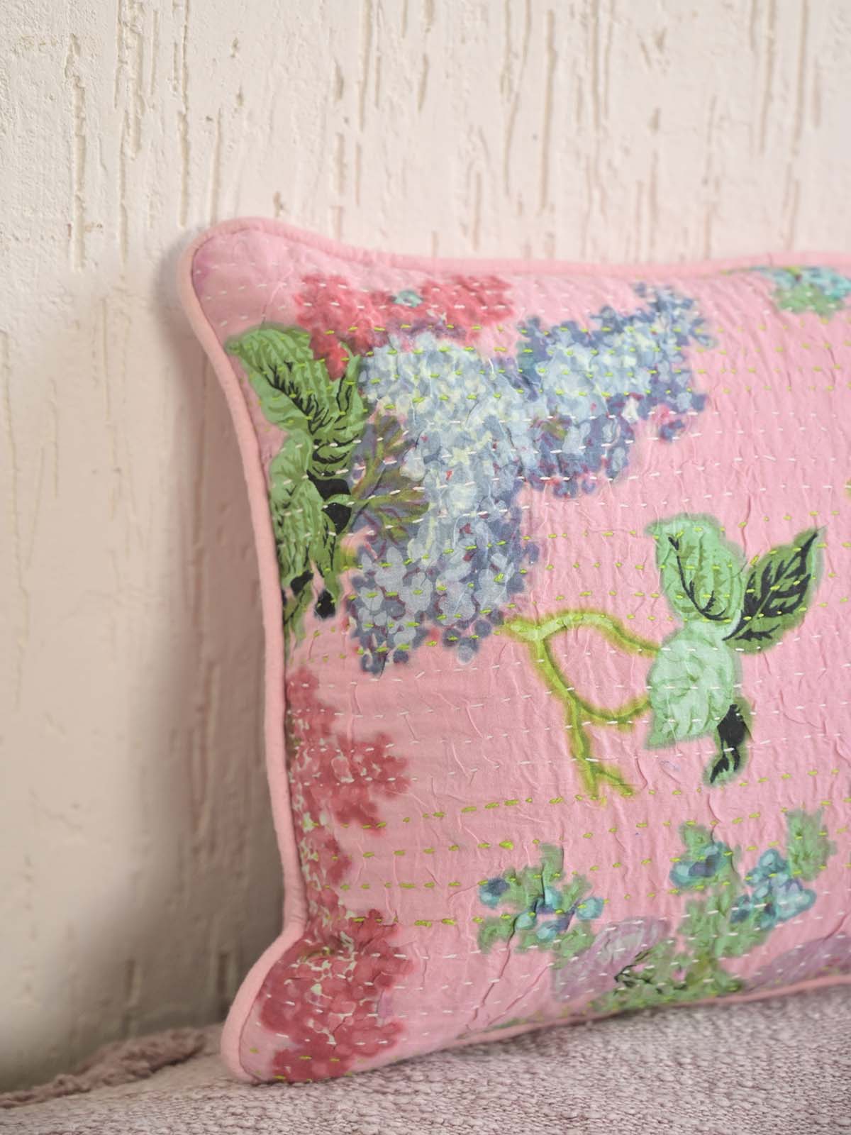 Wild Flower Pink Pillow Cover with Kantha + Printed