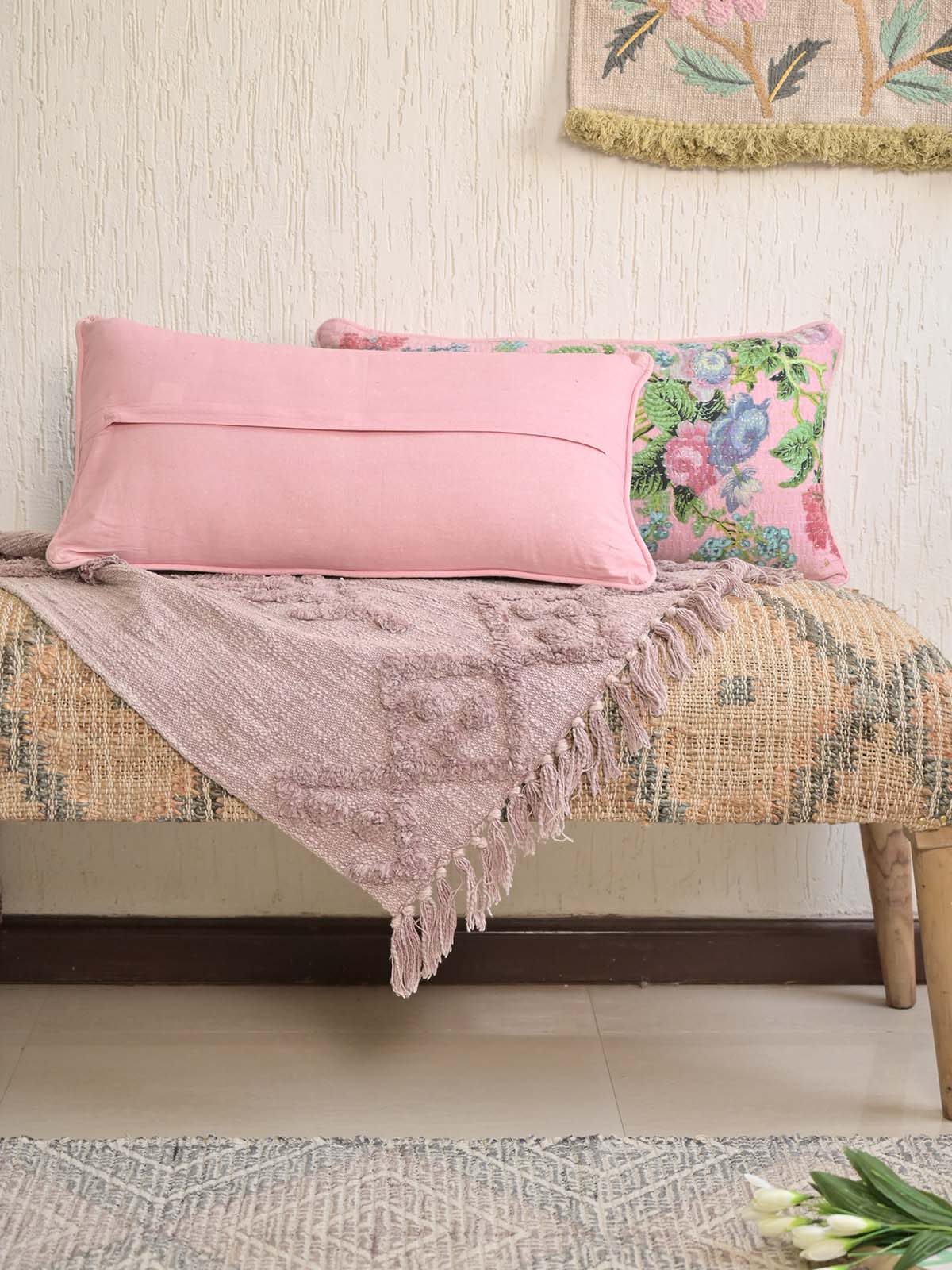 Wild Flower Pink Pillow Cover with Kantha + Printed