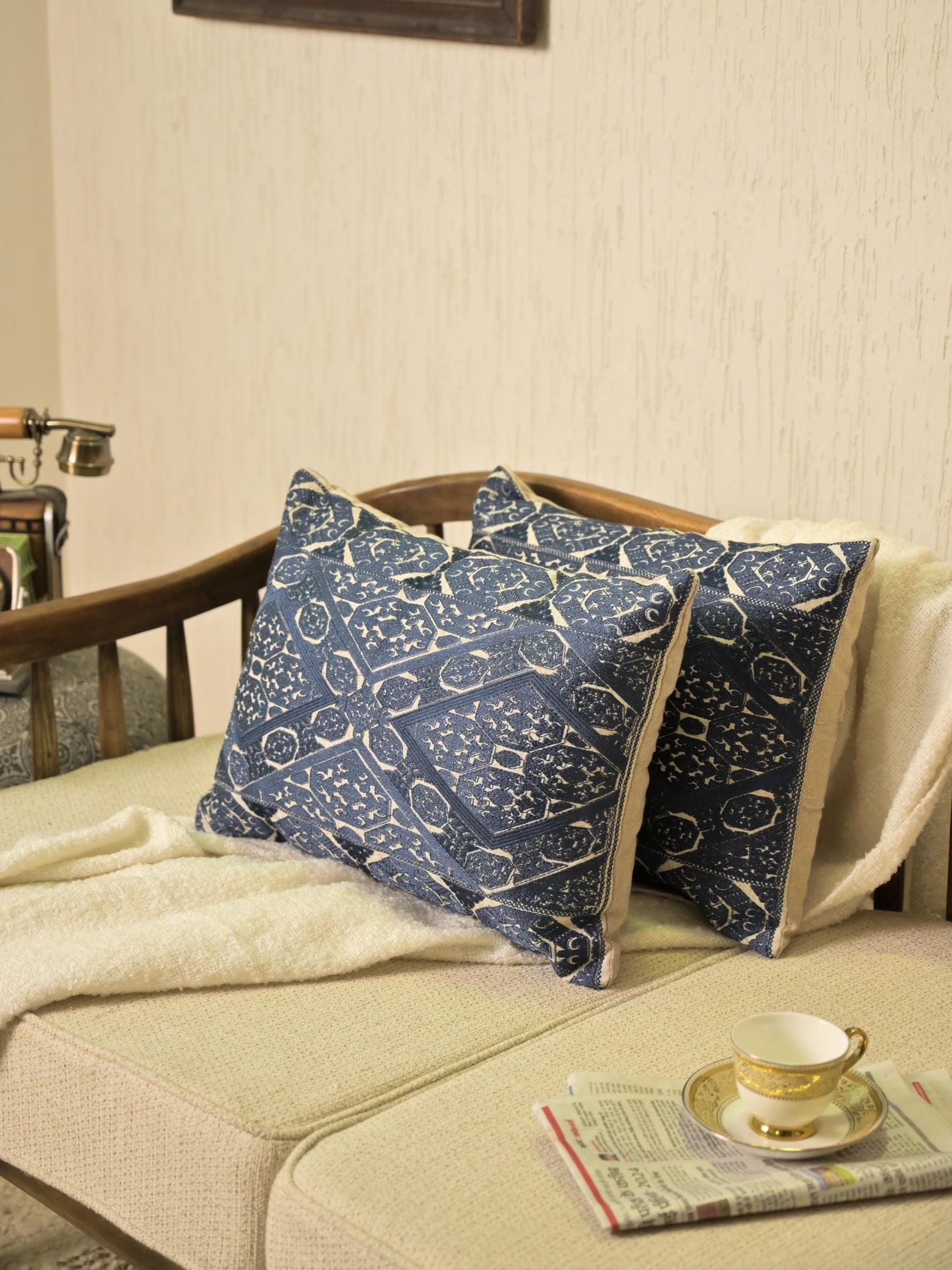 Blue Swati-Embroidered Cotton Pillow Cover