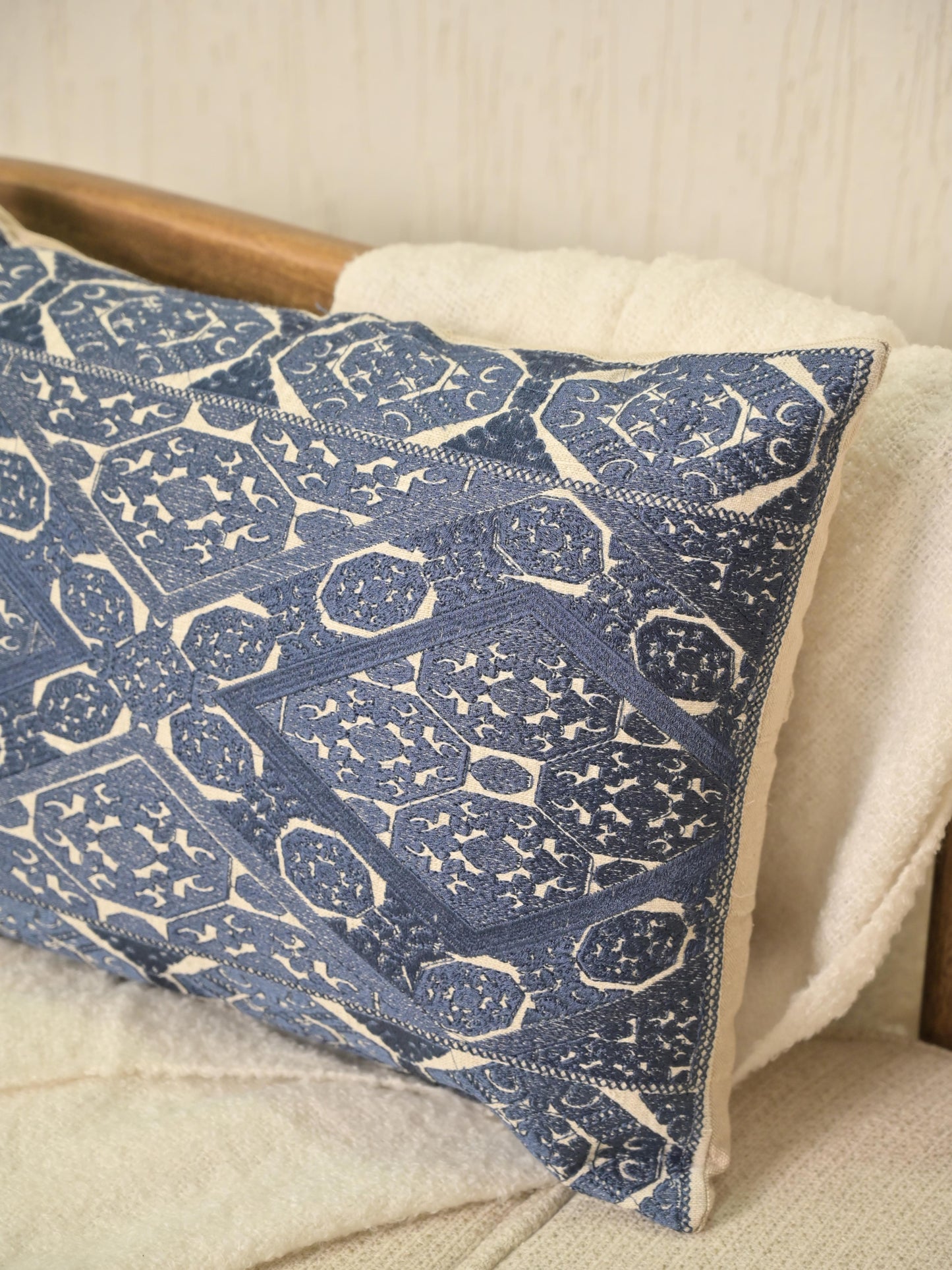 Blue Swati-Embroidered Cotton Pillow Cover