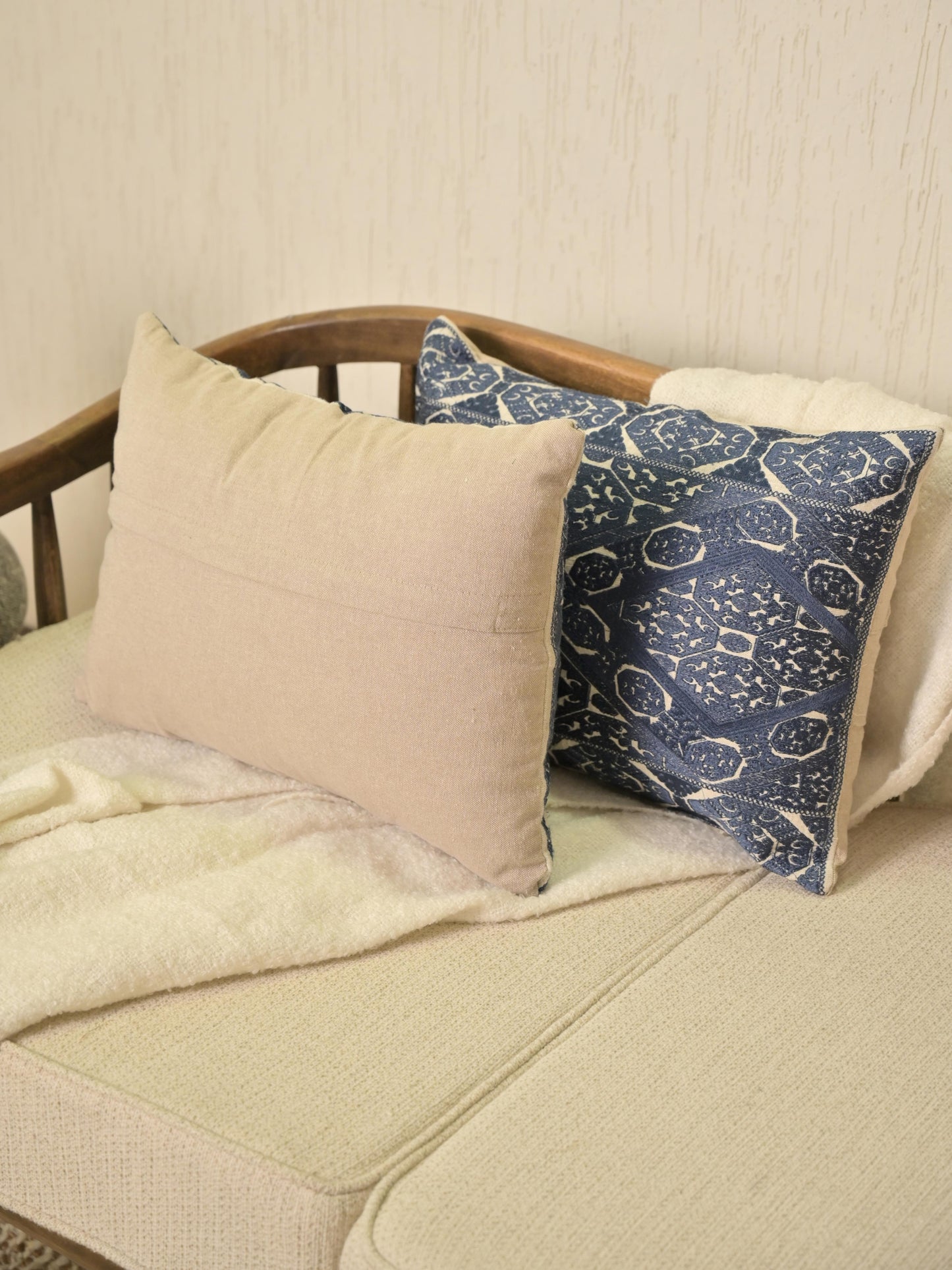 Blue Swati-Embroidered Cotton Pillow Cover