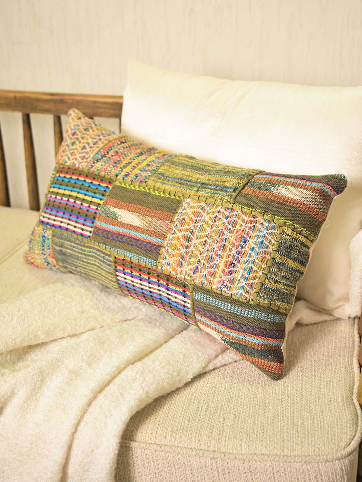 Woven Handloom Patch Cotton Pillow Cover 12x24 Inch