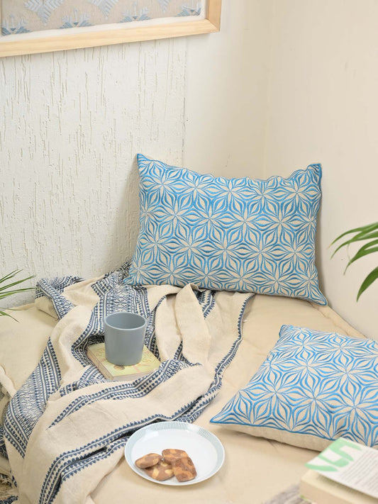 Azure Blue Embroidered Pillow Cover 14x20Inc