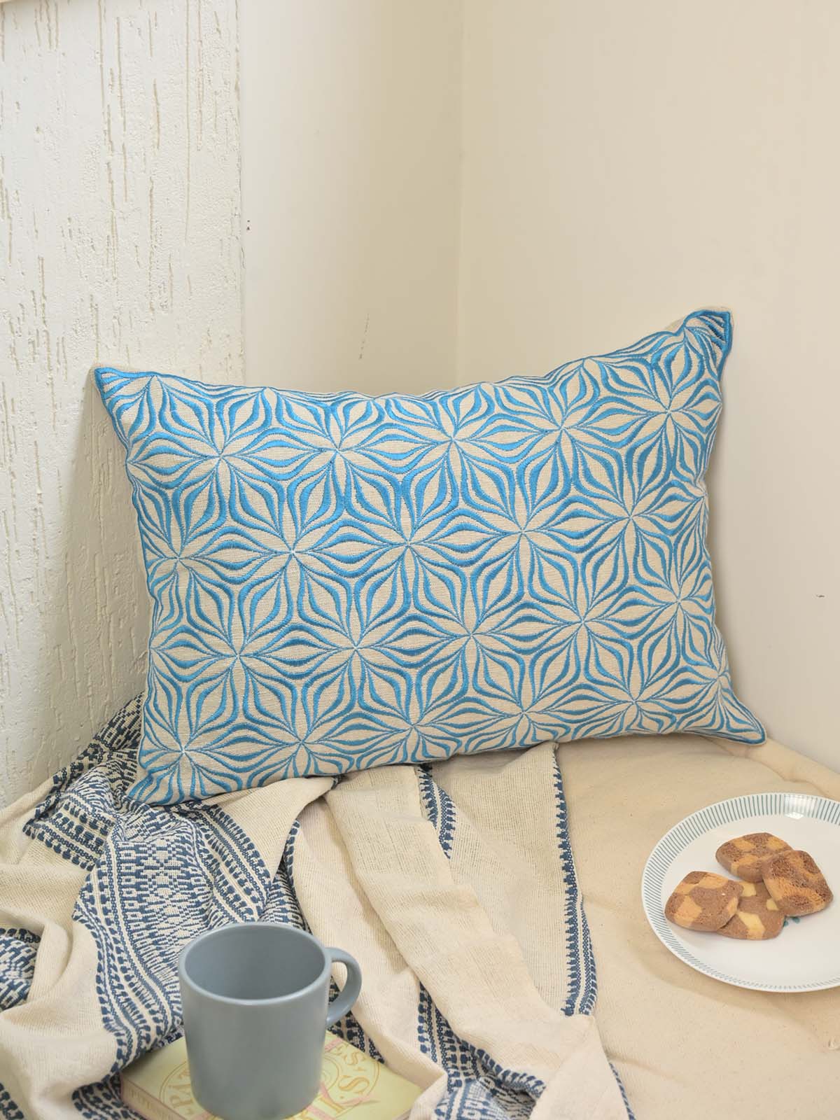 Azure Blue Embroidered Pillow Cover 14x20Inc