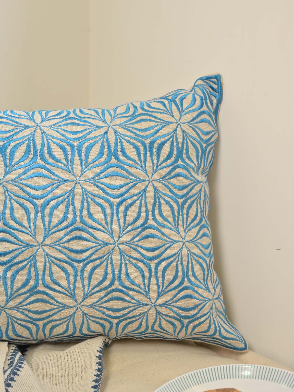 Azure Blue Embroidered Pillow Cover 14x20Inc