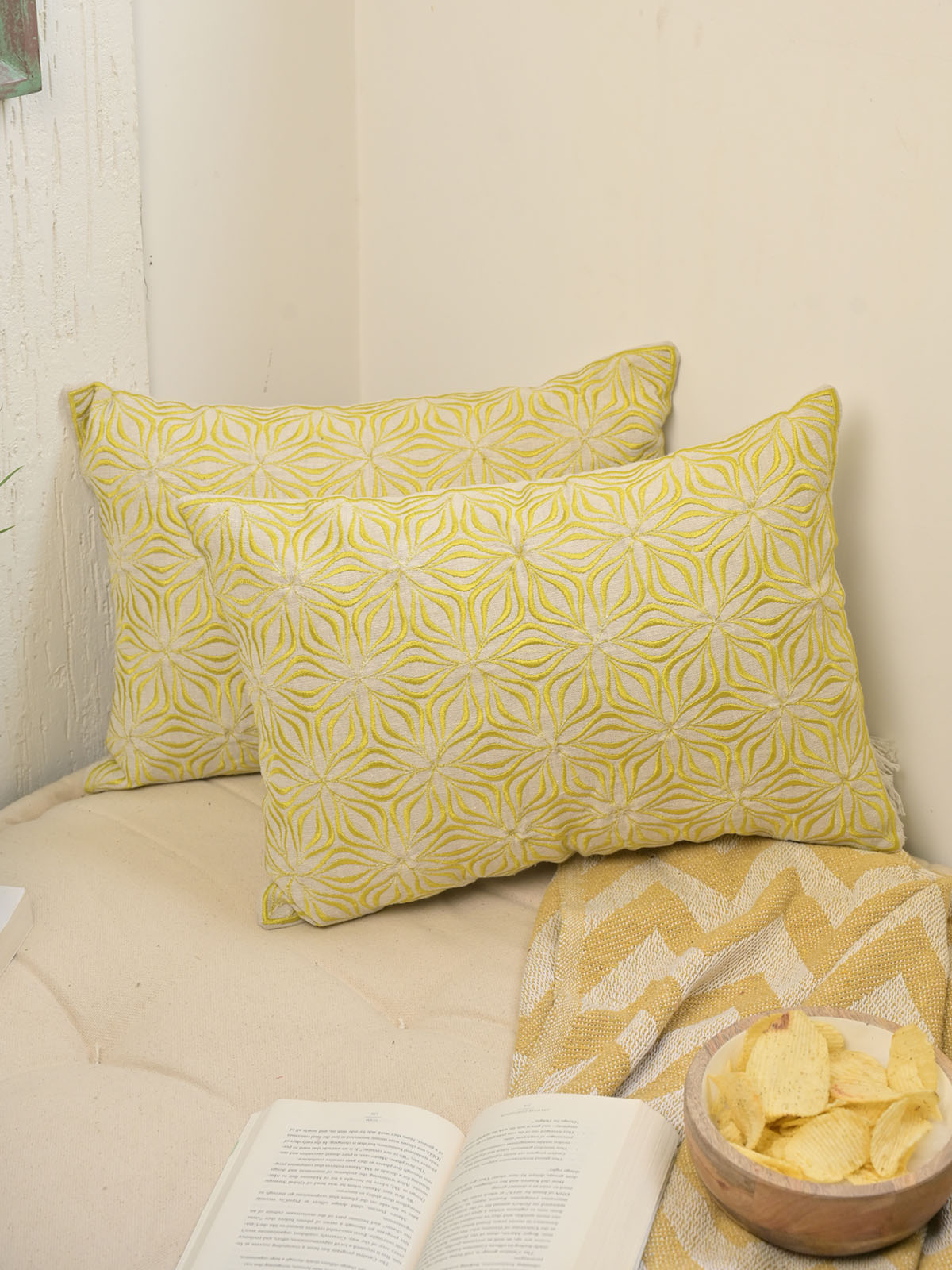 Mustard Yellow Embroidered Pillow Cover 14x20Inc