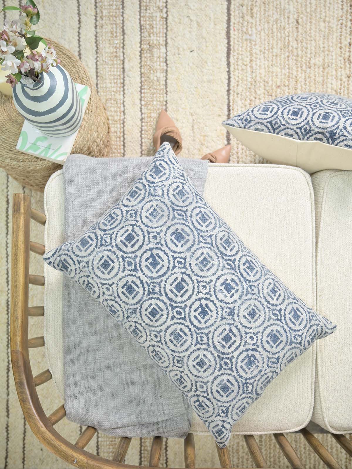 Block Printed Blue Pillow Cover 16x24inc