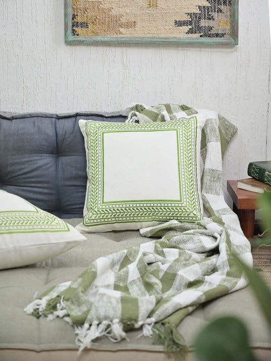 White Green Embroidered Cushion Cover 18x18Inc