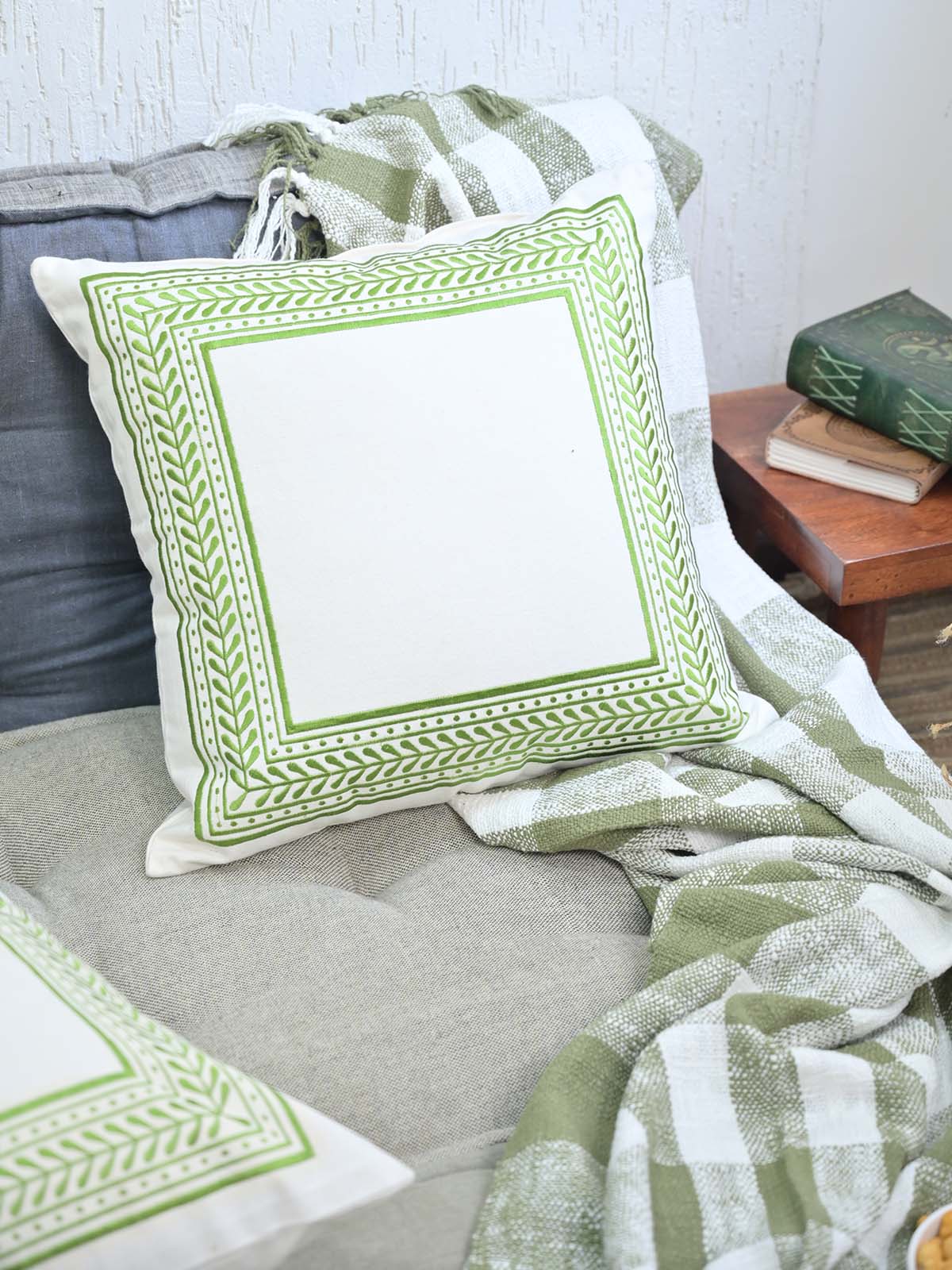 White Green Embroidered Cushion Cover 18x18Inc