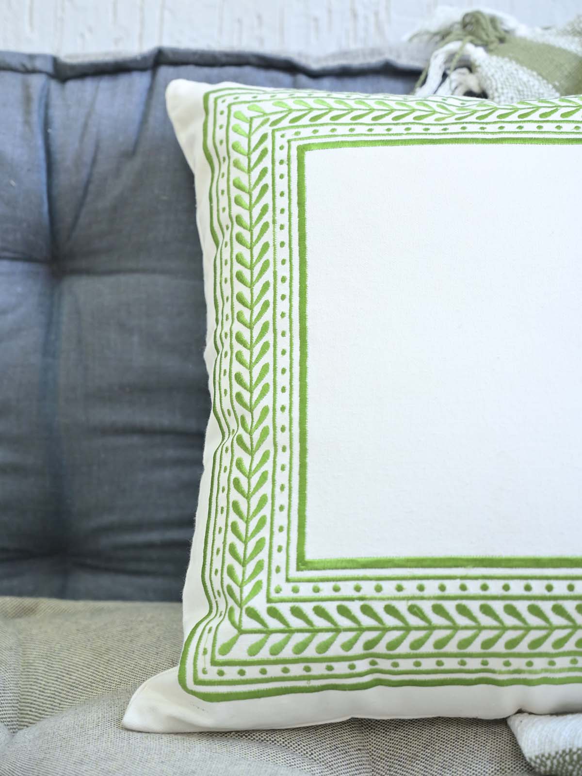 White Green Embroidered Cushion Cover 18x18Inc