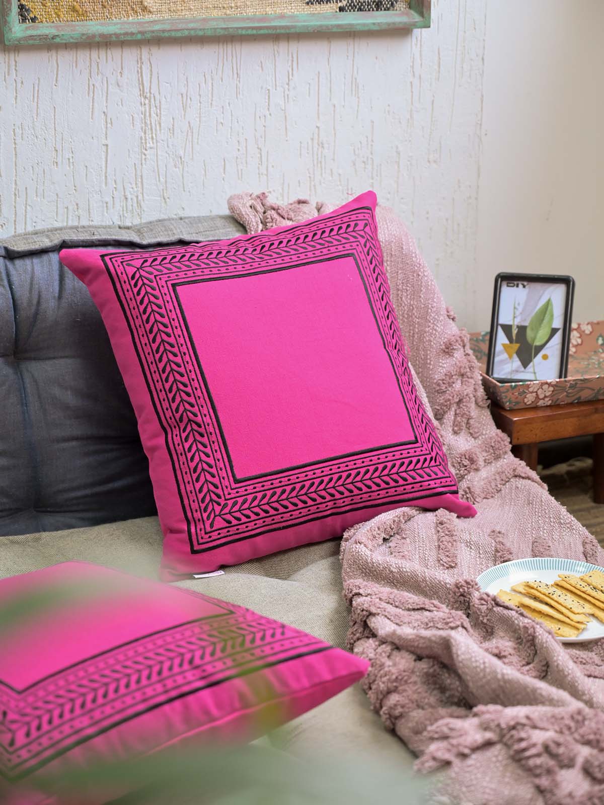 Hot Pink Embroidered Cushion Cover 18x18Inc